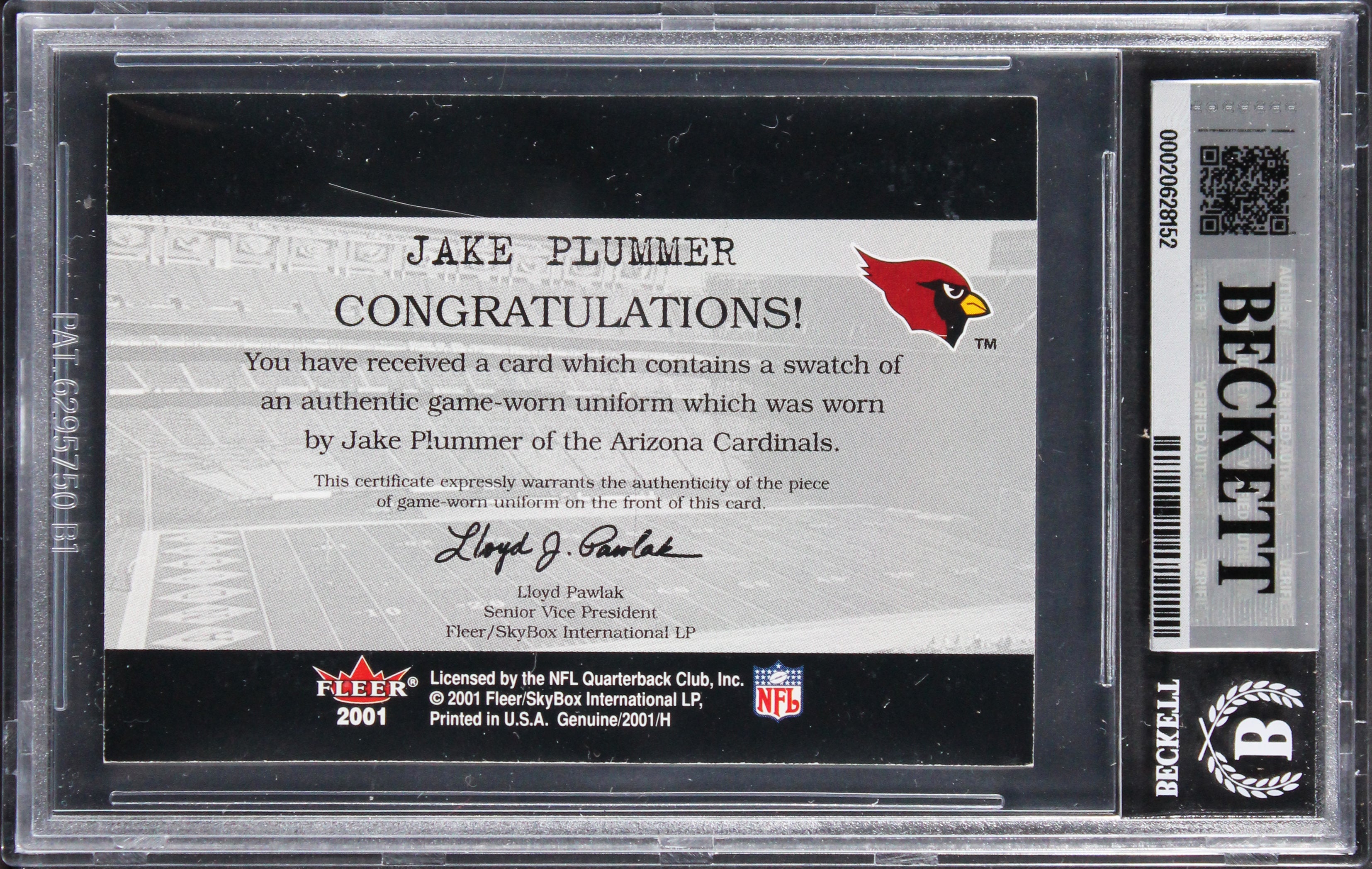 Cardinals Jake Plummer Signed 2001 Fleer Genuine Cut #19 Card Auto 10! BAS Slab