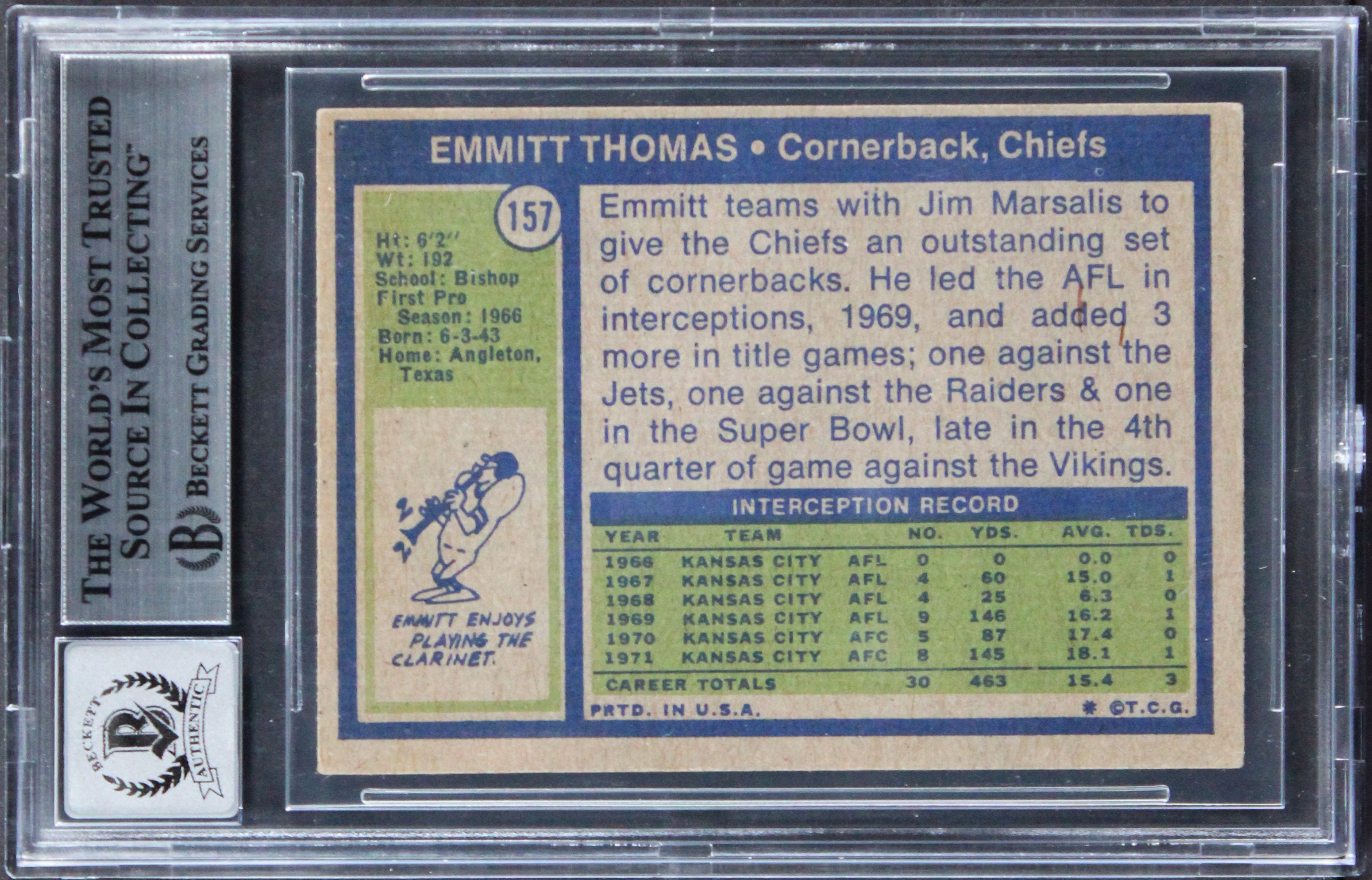 Chiefs Emmitt Thomas Signed 1972 Topps #157 Rookie Card Auto 10! BAS Slabbed