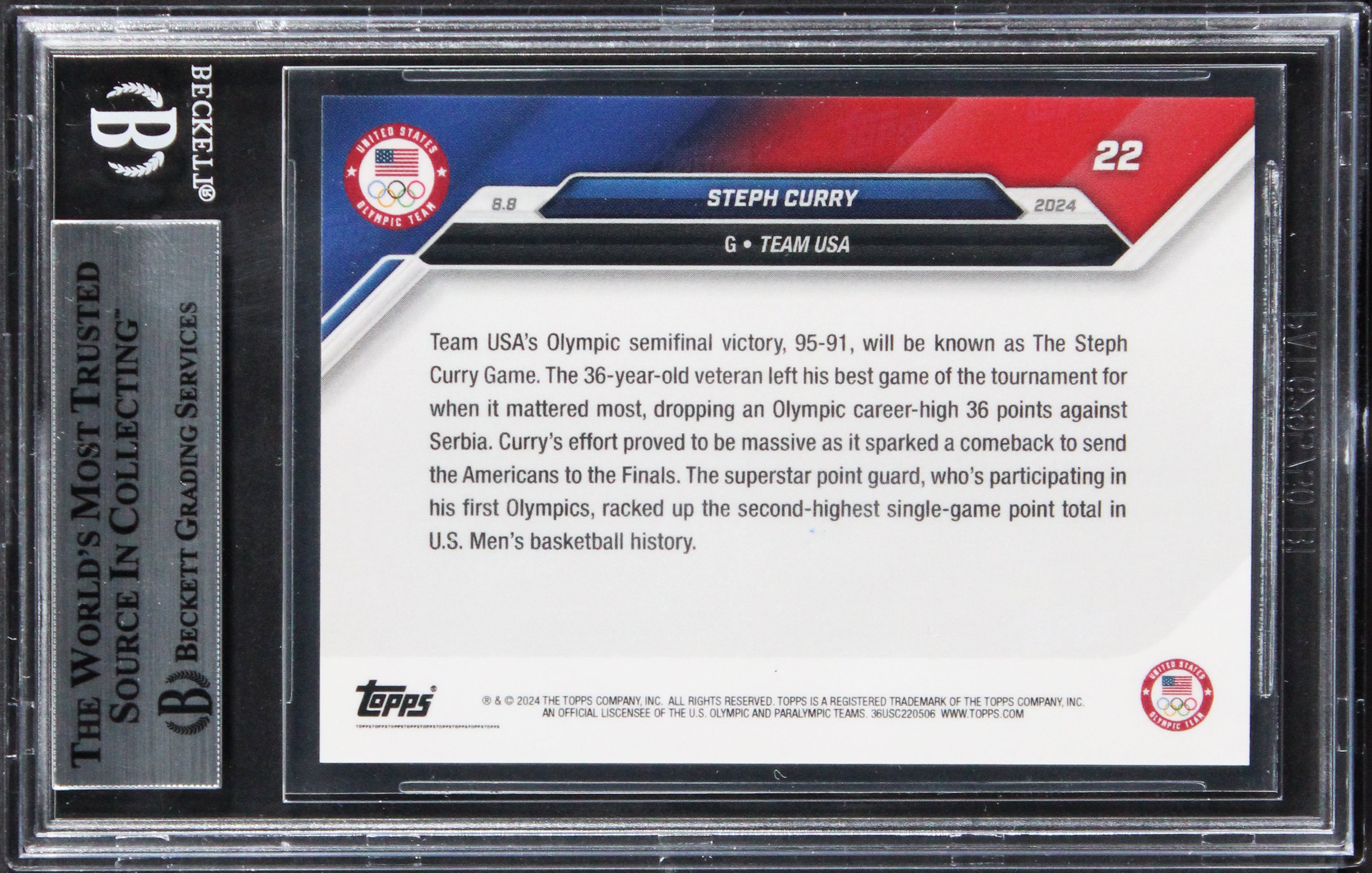 Warriors Stephen Curry Signed 2024 Topps Now Olympic Games #22 Card BAS Slabbed