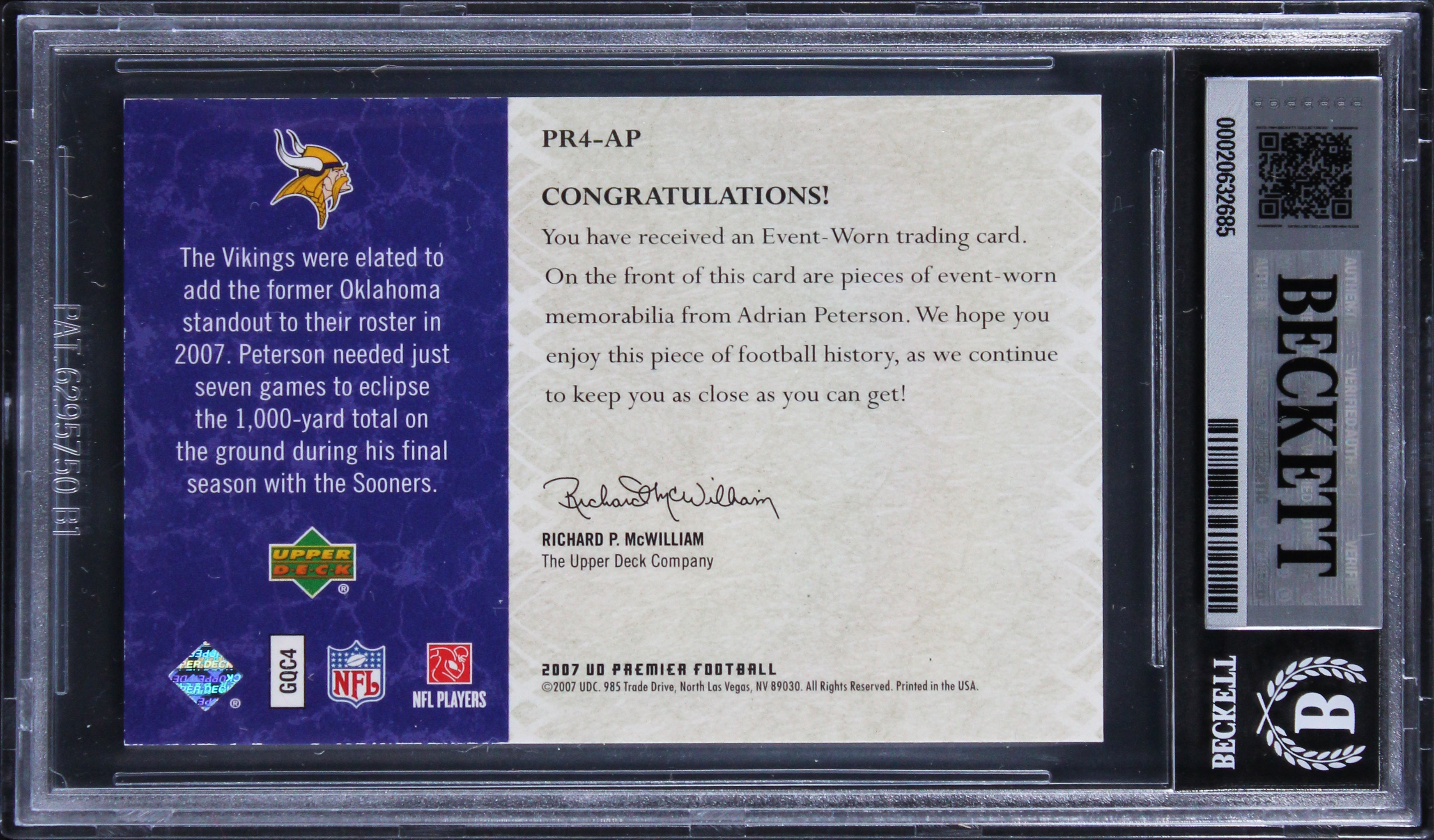 Adrian Peterson Signed 2007 UD Premier #PR4AP 51/75 Card Auto 10! BAS Slabbed
