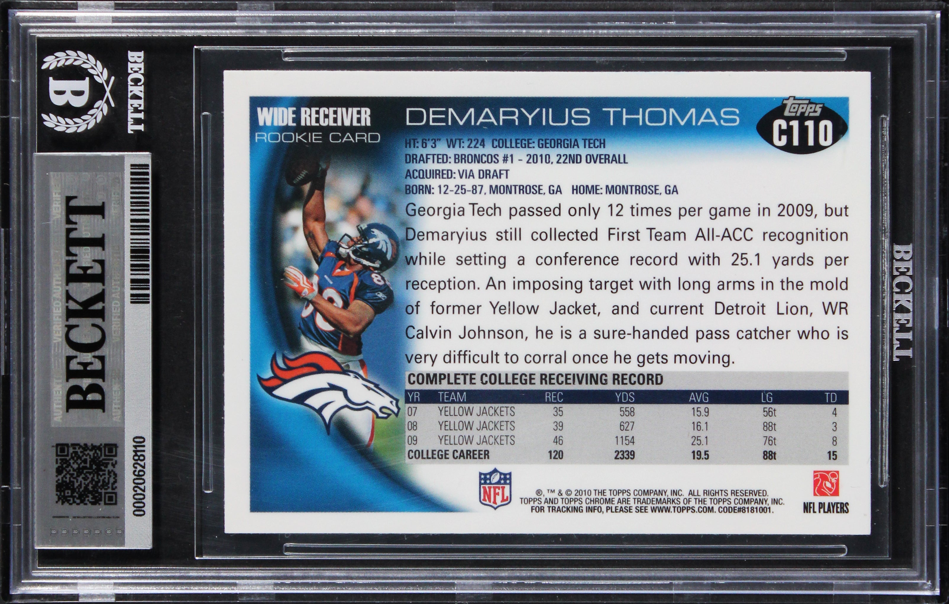 Demaryius Thomas Signed 2010 Topps Chrome #C110A Rookie Card Auto 10! BAS Slab