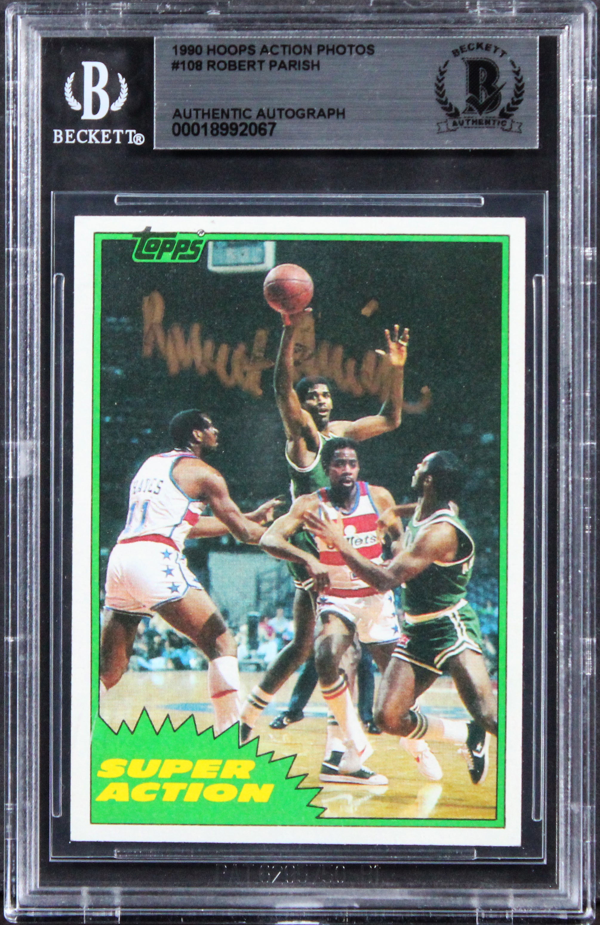 Celtics Robert Parish Signed 1990 Hoops Action Photos #108 Card BAS Slabbed