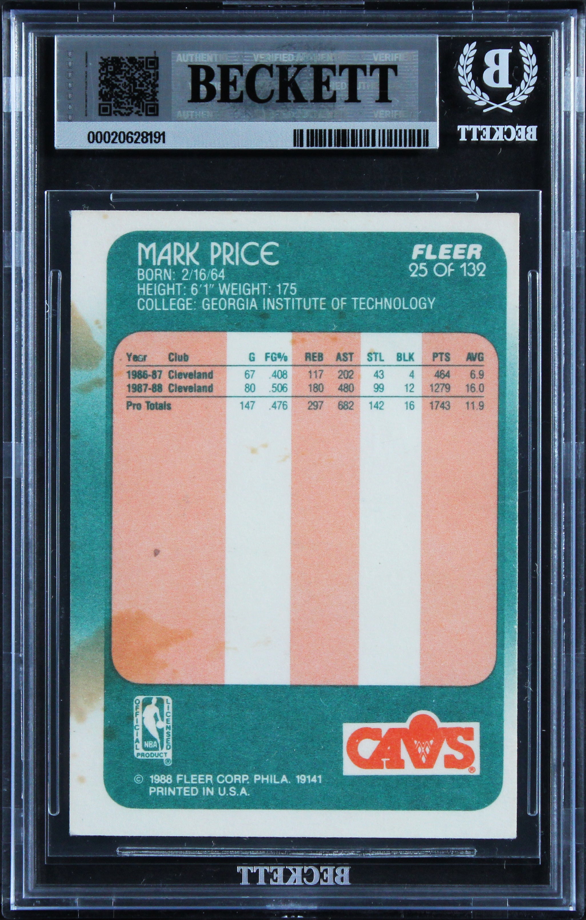 Cavaliers Mark Price Signed 1988 Fleer #25 Card Auto Grade Gem 10! BAS Slabbed