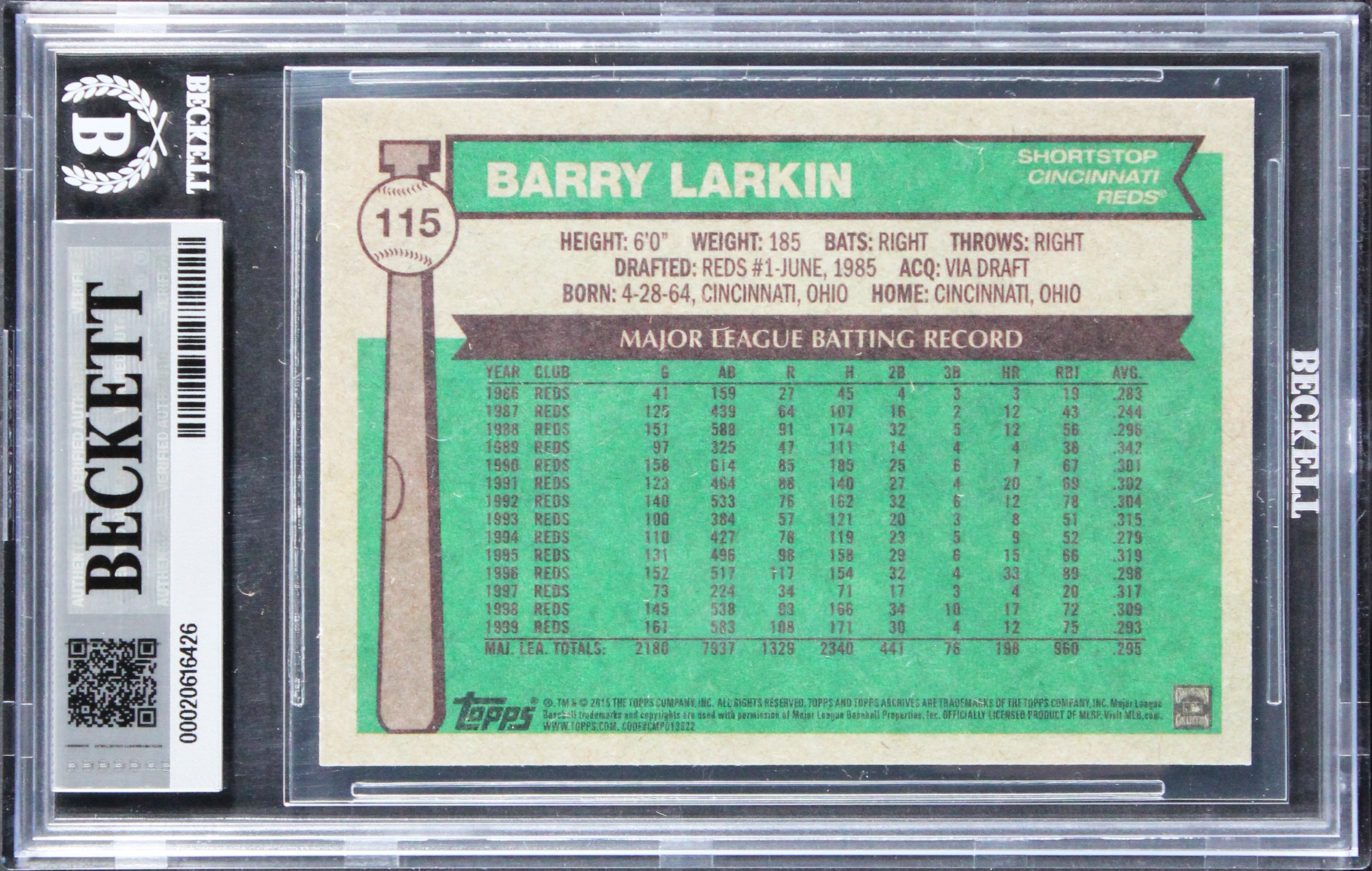 Reds Barry Larkin Signed 2015 Topps Archives #115 Card Auto GM 10! BAS Slabbed