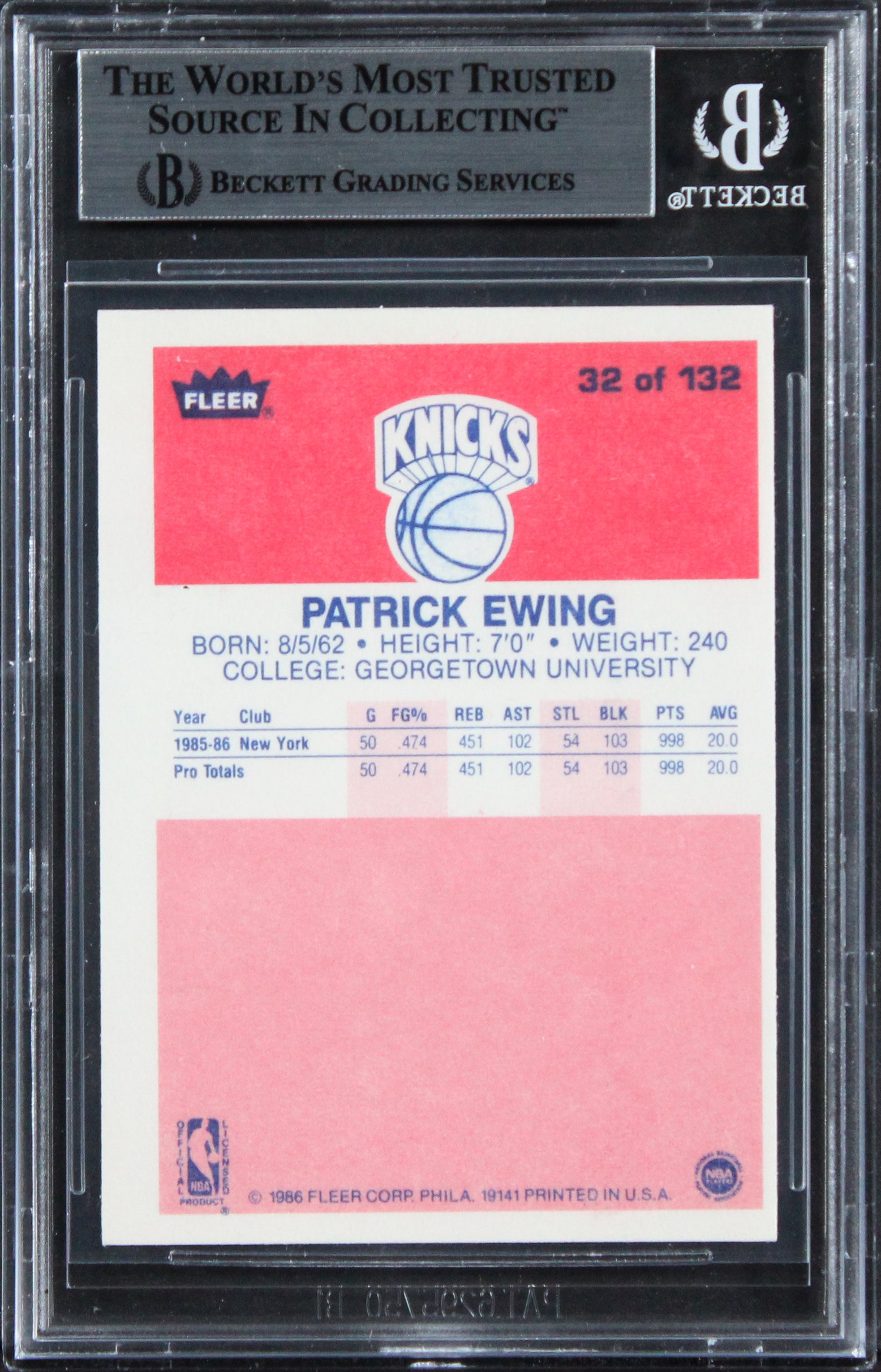 Knicks Patrick Ewing "HOF 08" Authentic Signed 1986 Fleer #32 Card BAS Slabbed