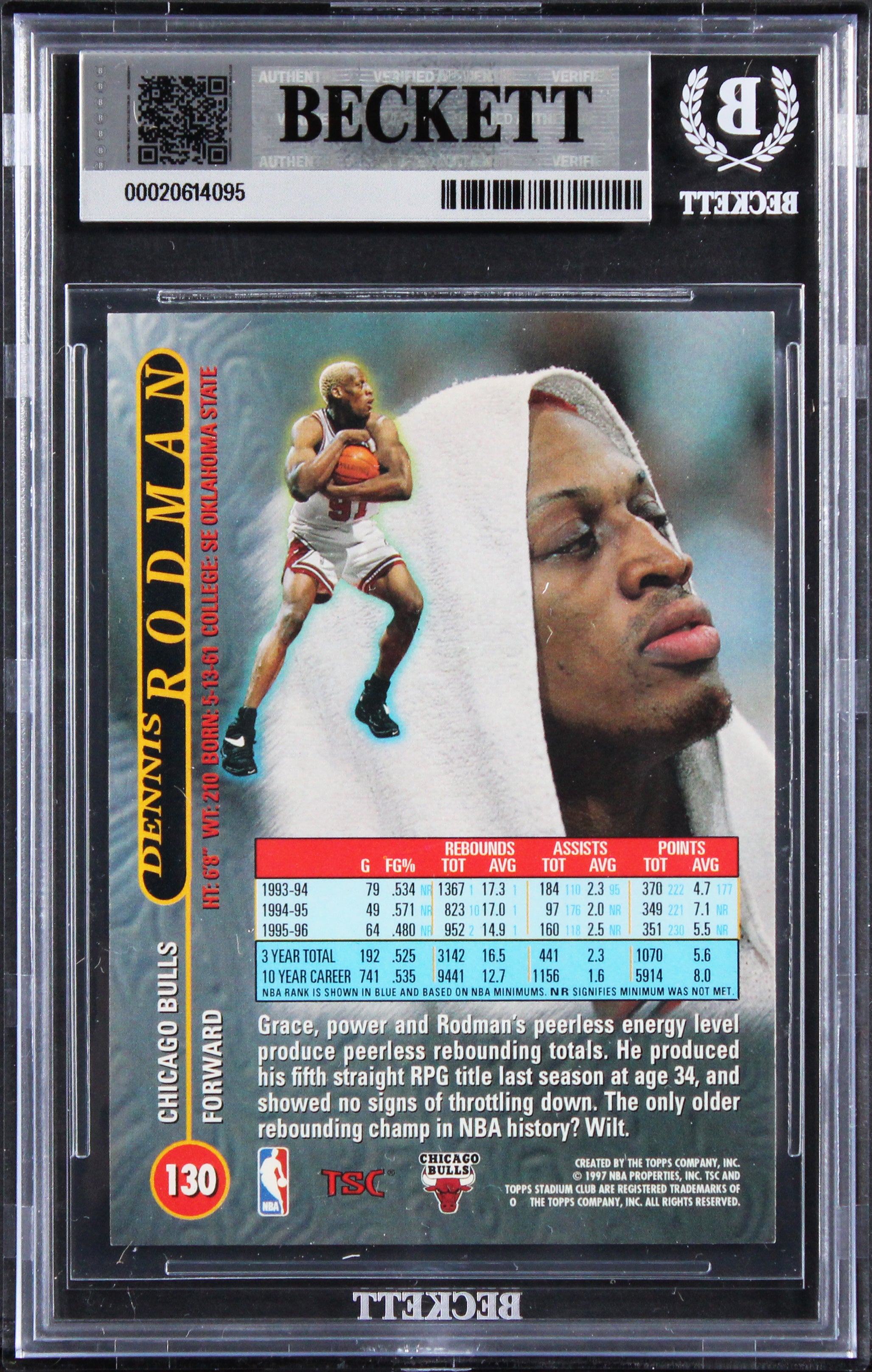Bulls Dennis Rodman Authentic Signed 1996 Stadium Club #130 Card BAS Slabbed