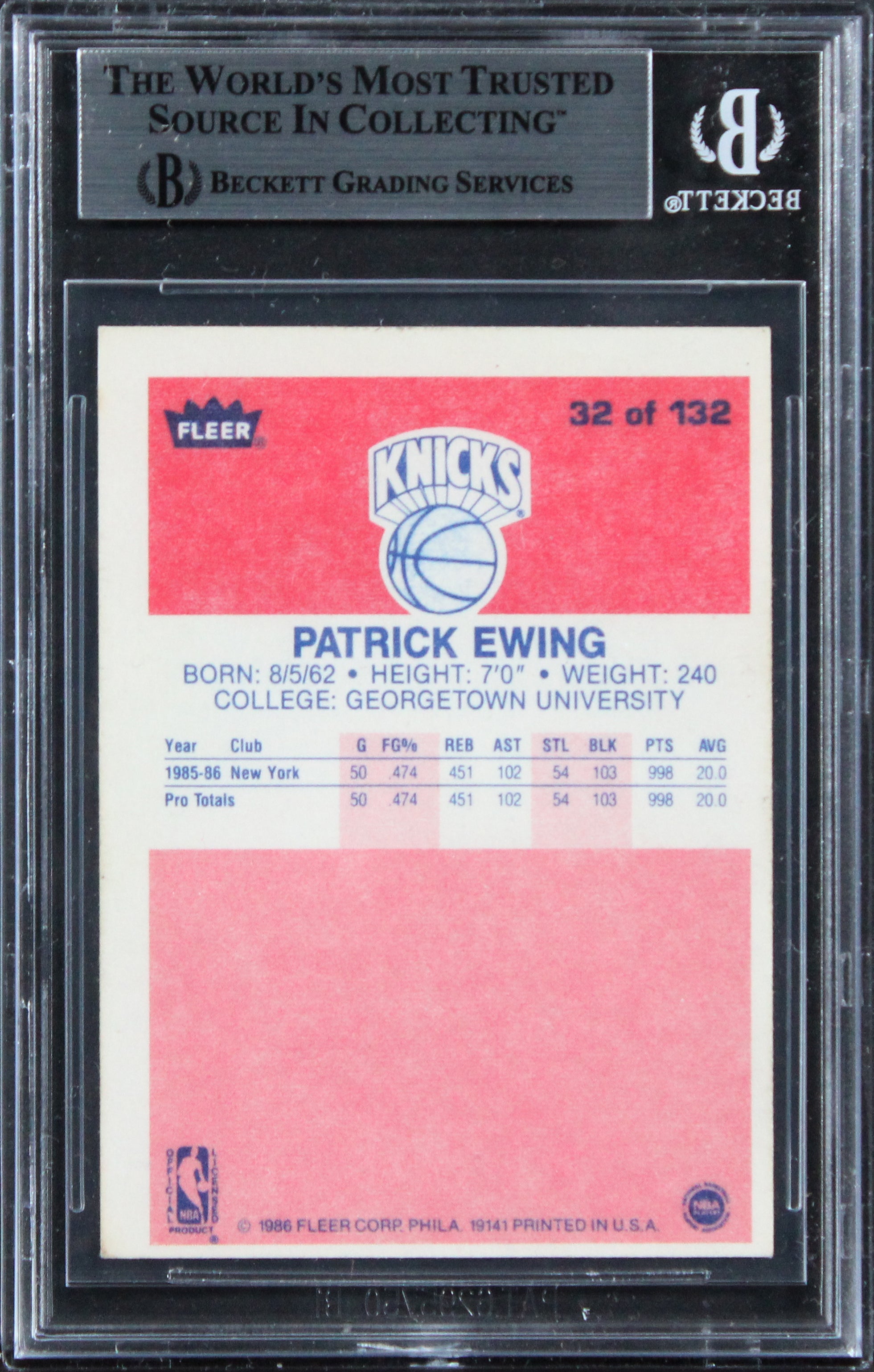 Knicks Patrick Ewing "HOF 08" Authentic Signed 1986 Fleer #32 Card BAS Slabbed 3