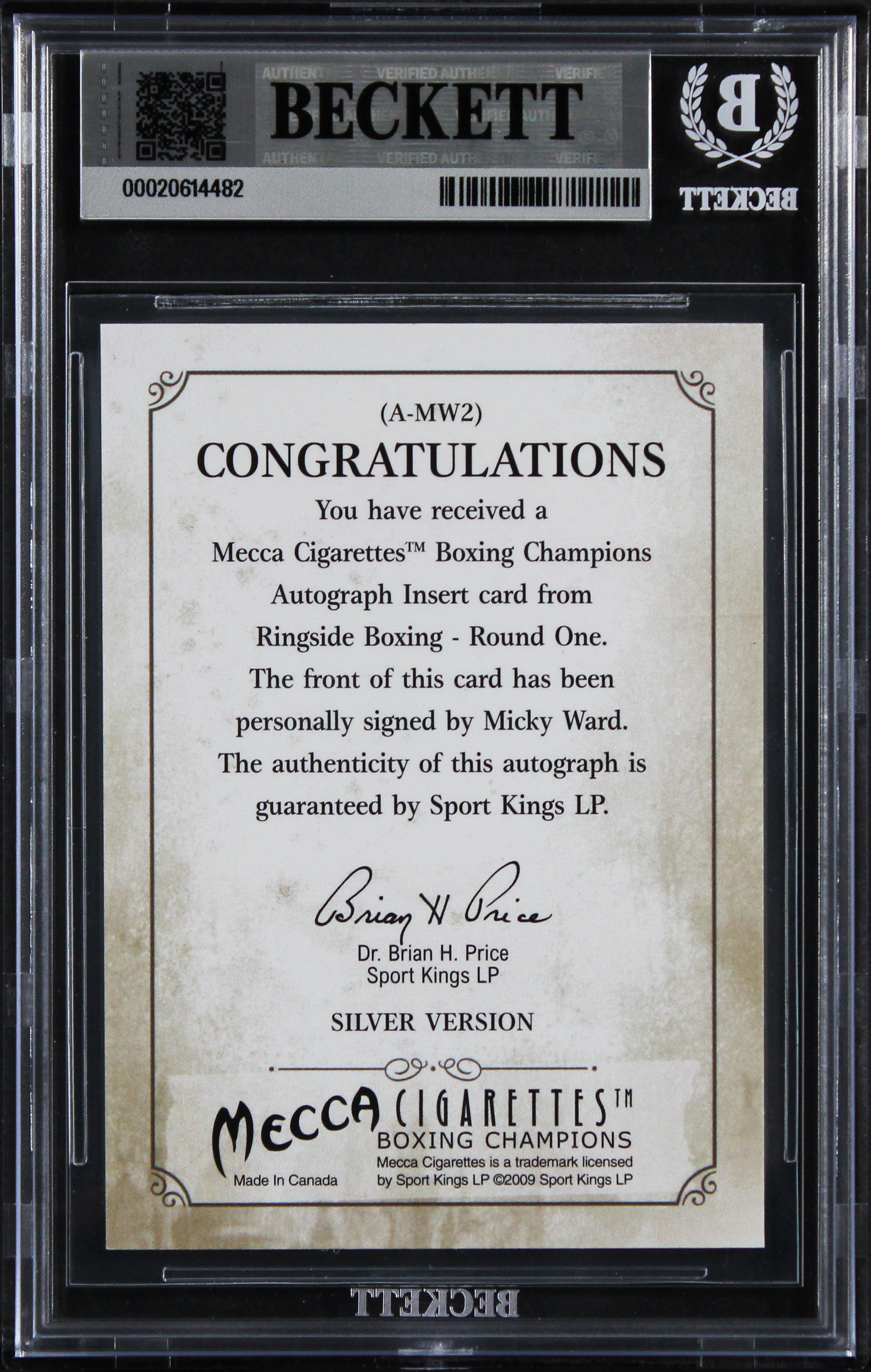 Micky Ward Signed 2010 Ringside Boxing Round One Autographs #AMW2 Card BAS Slab