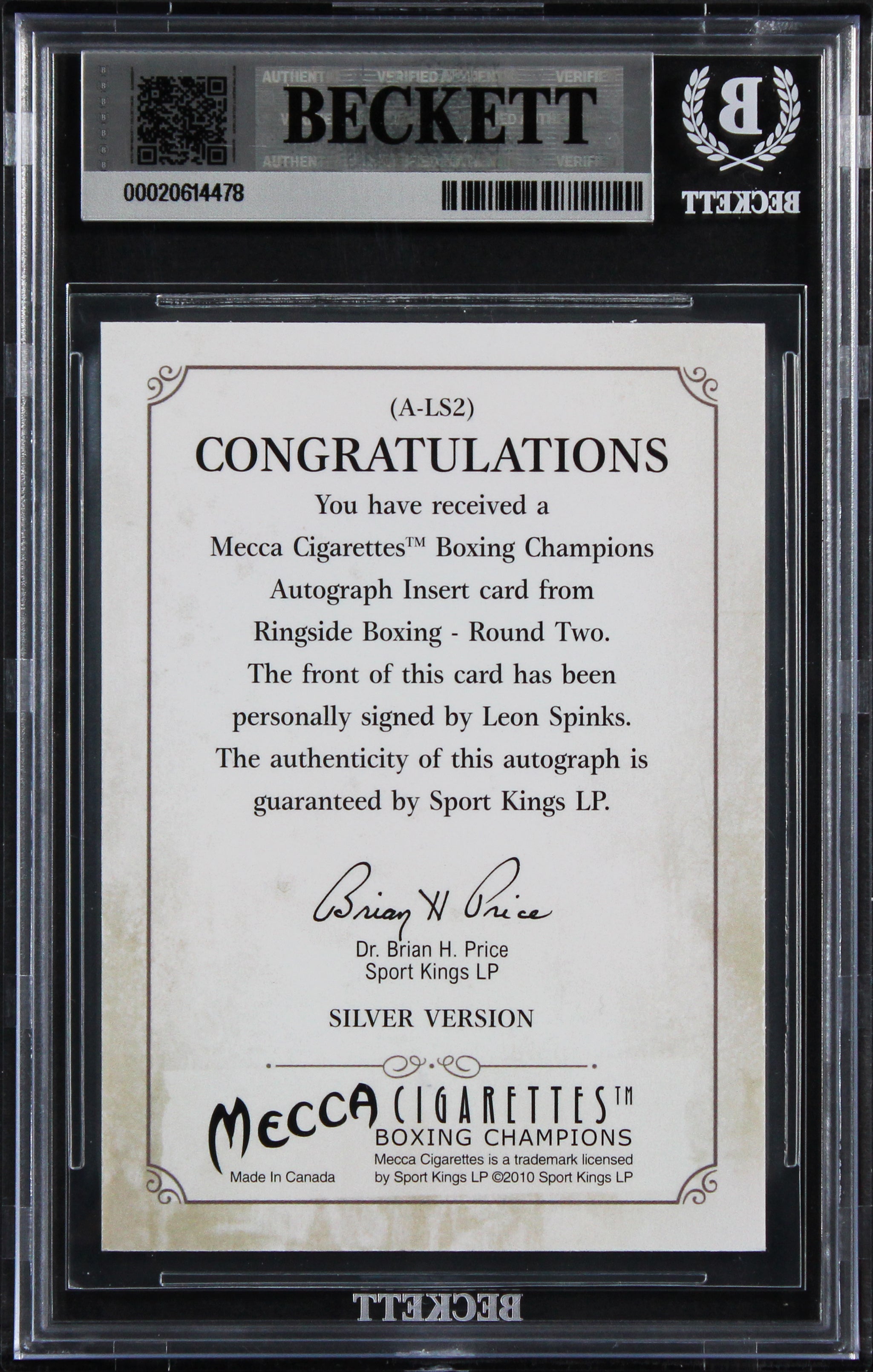 Leon Spinks Signed 2011 Ringside Boxing Round Two Autos #ALS2 Card BAS Slabbed