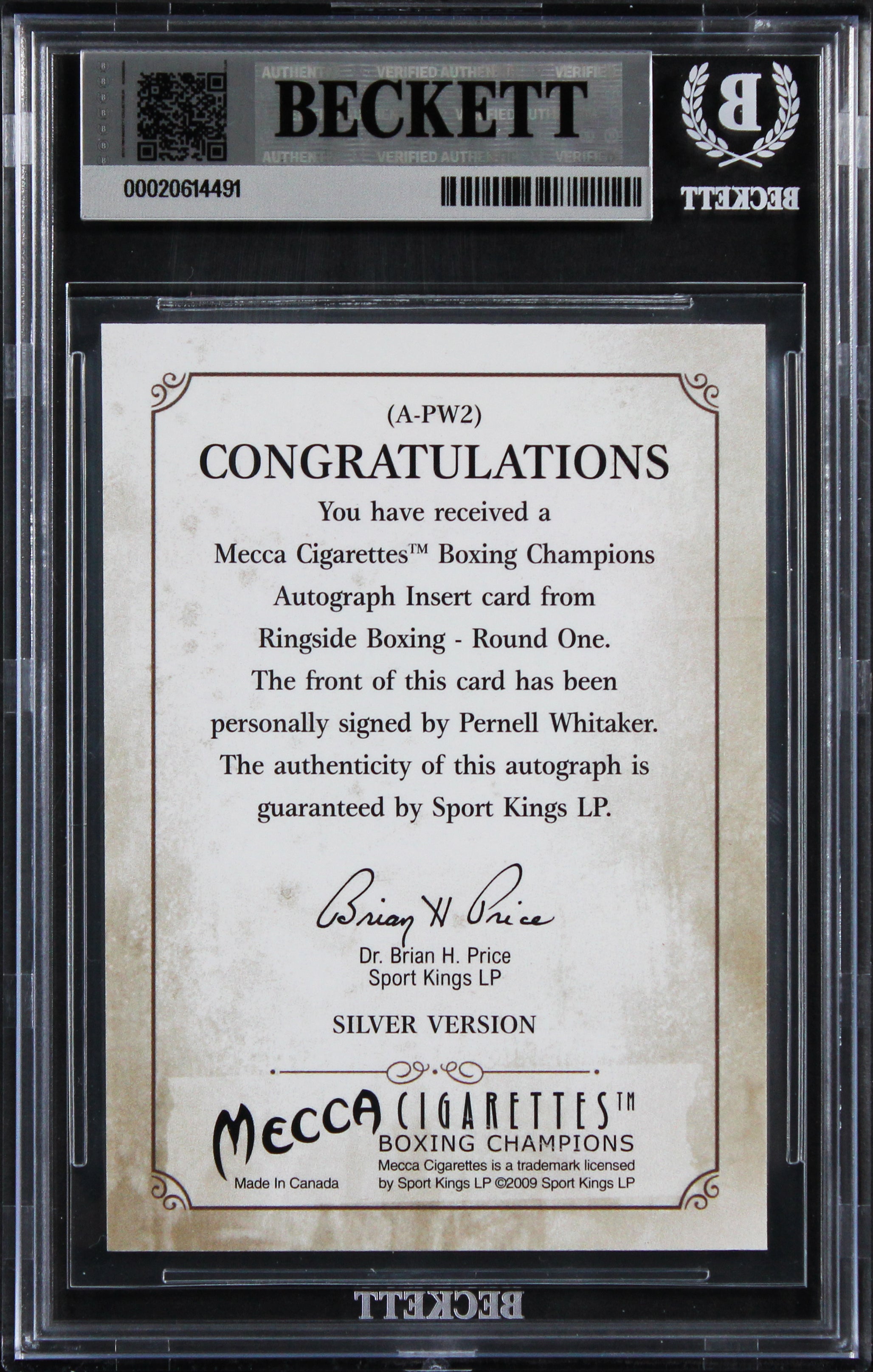Pernell Whitaker Signed 2010 Ringside Boxing Round One Autos #APW2 Card BAS Slab