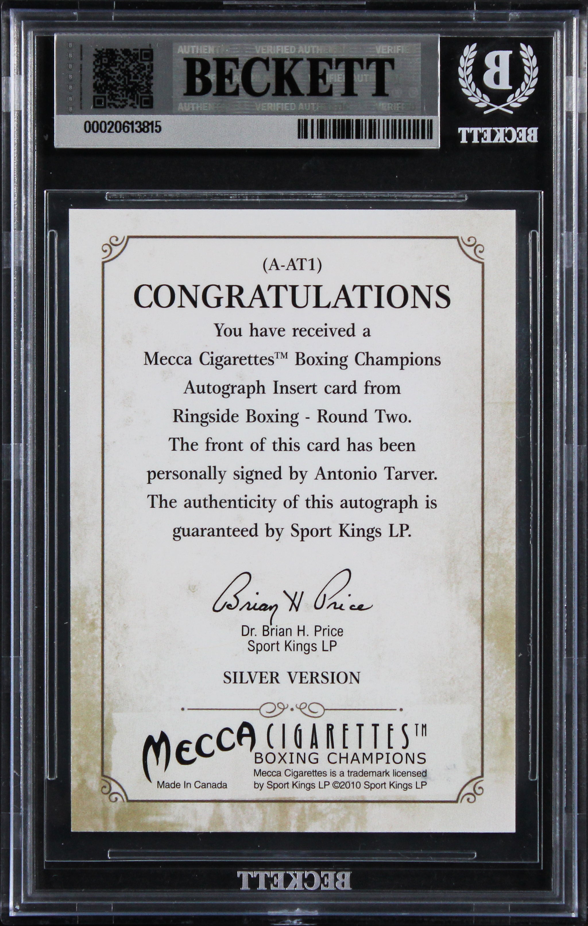 Antonio Tarver Signed 2011 Ringside Boxing Round Two Autos #AAT1 Card BAS Slab