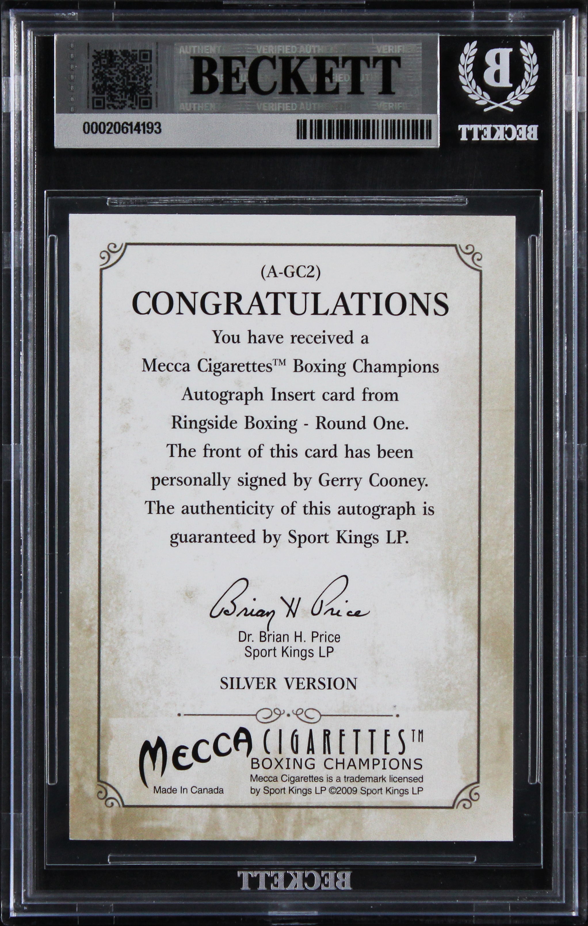 Gerry Cooney Signed 2010 Ringside Boxing Round One Autos #AGC2 Card BAS Slabbed
