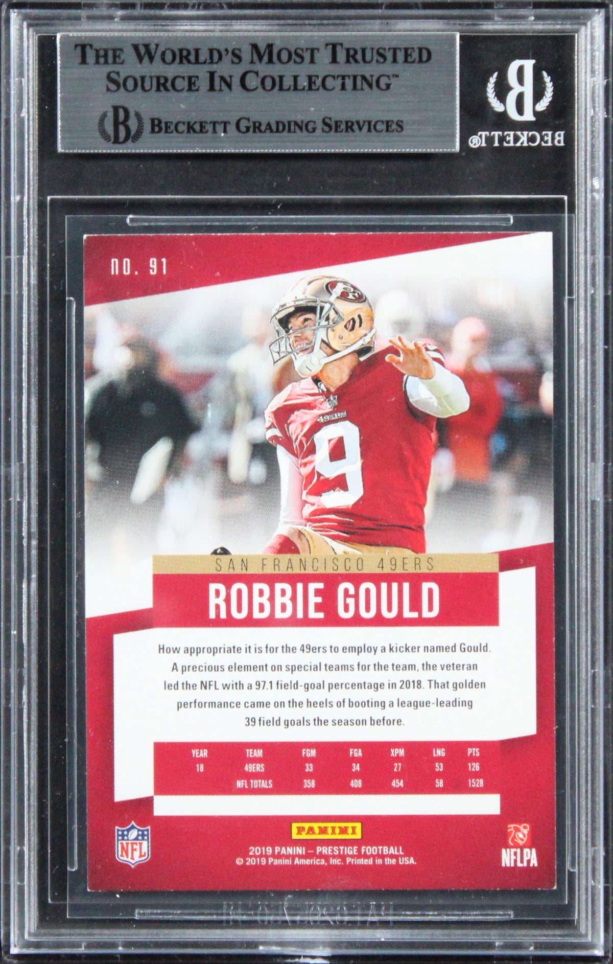49ers Robbie Gould Authentic 2019 Prestige #91 Card Autographed BAS Slabbed