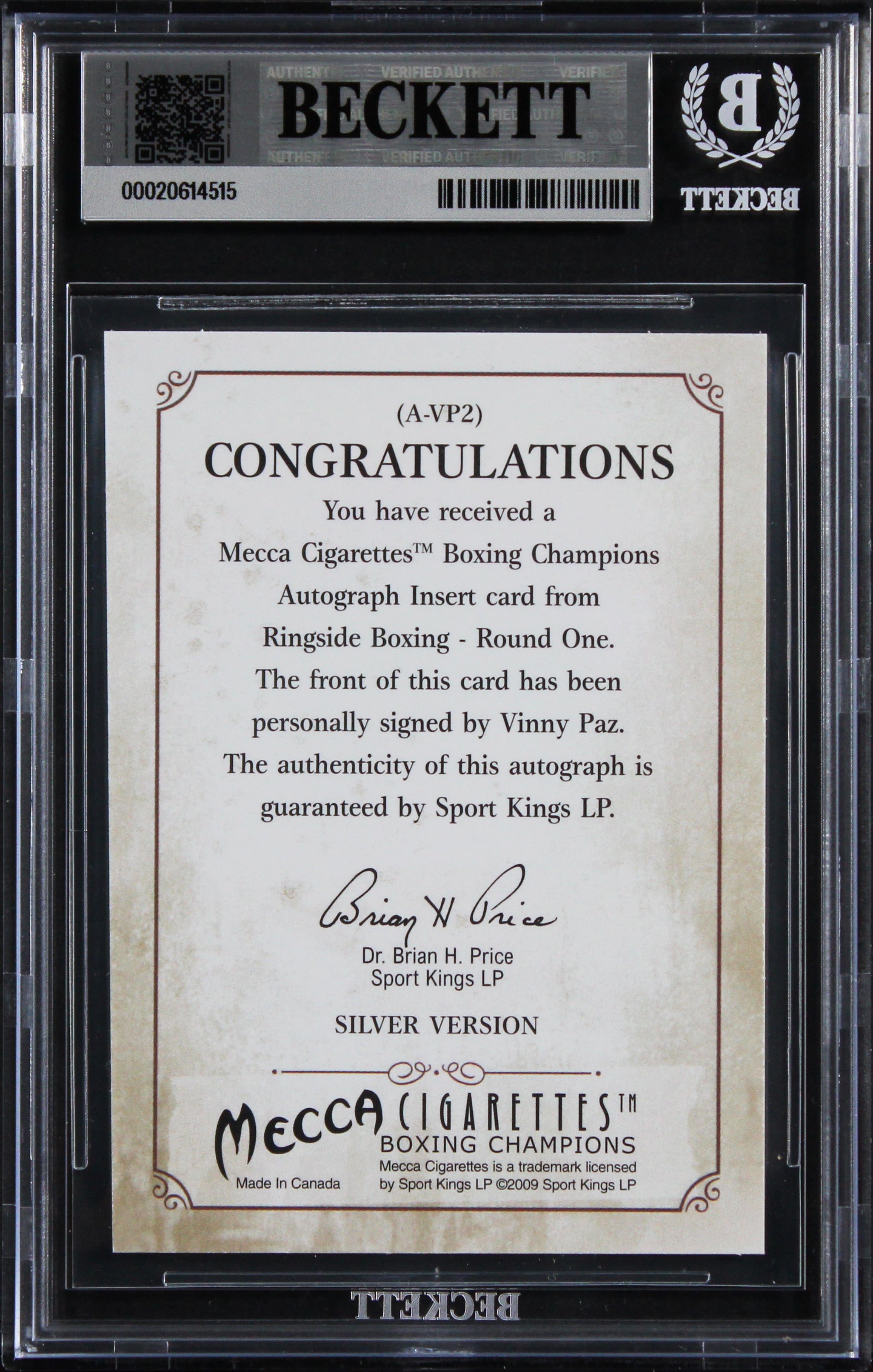 Vinny Pazienza Signed 2010 Ringside Boxing Round One Auto #AVP2 Card BAS Slabbed