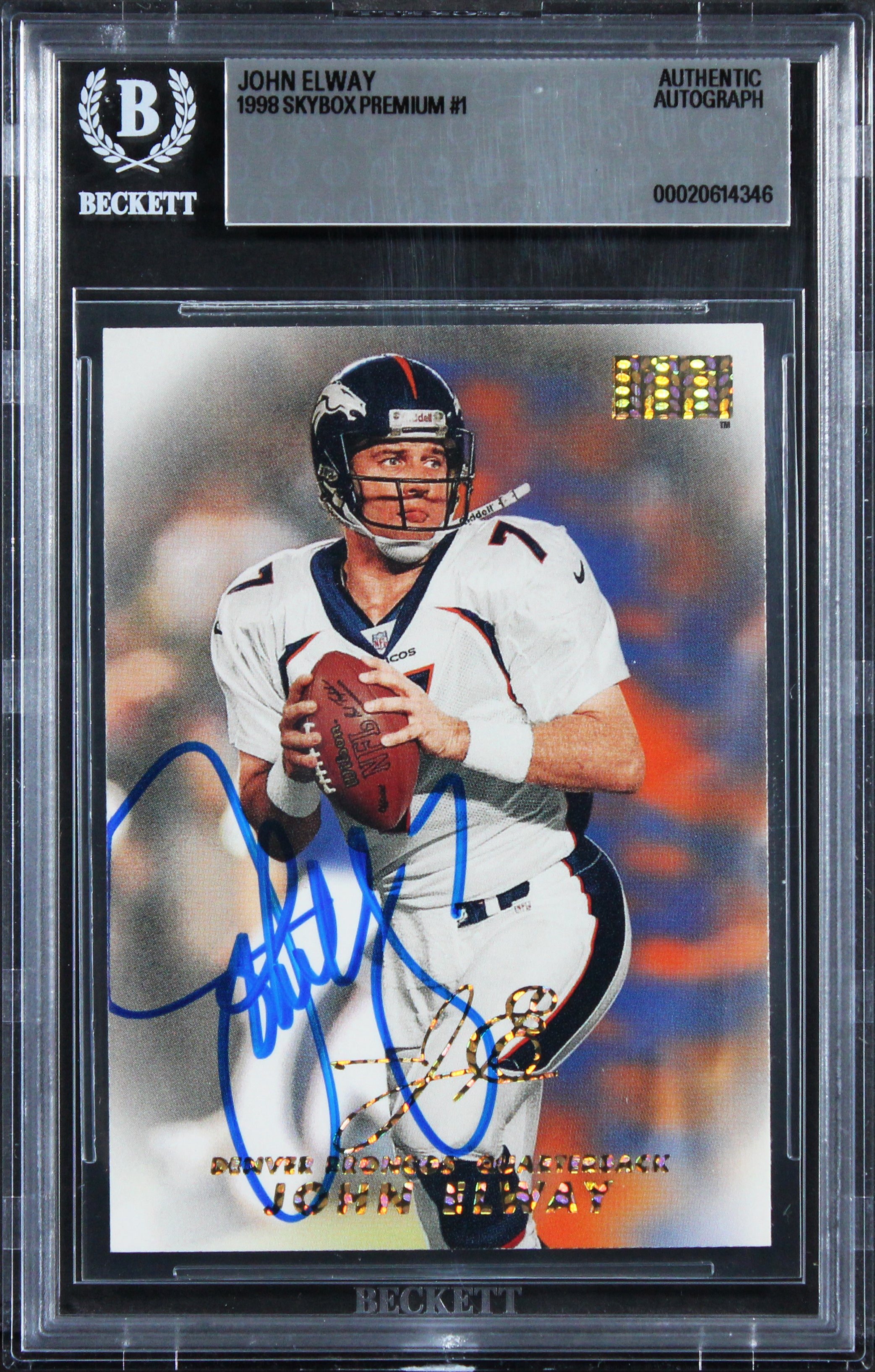 Broncos John Elway Authentic 1998 Skybox Premium #1 Card Autographed BAS Slabbed