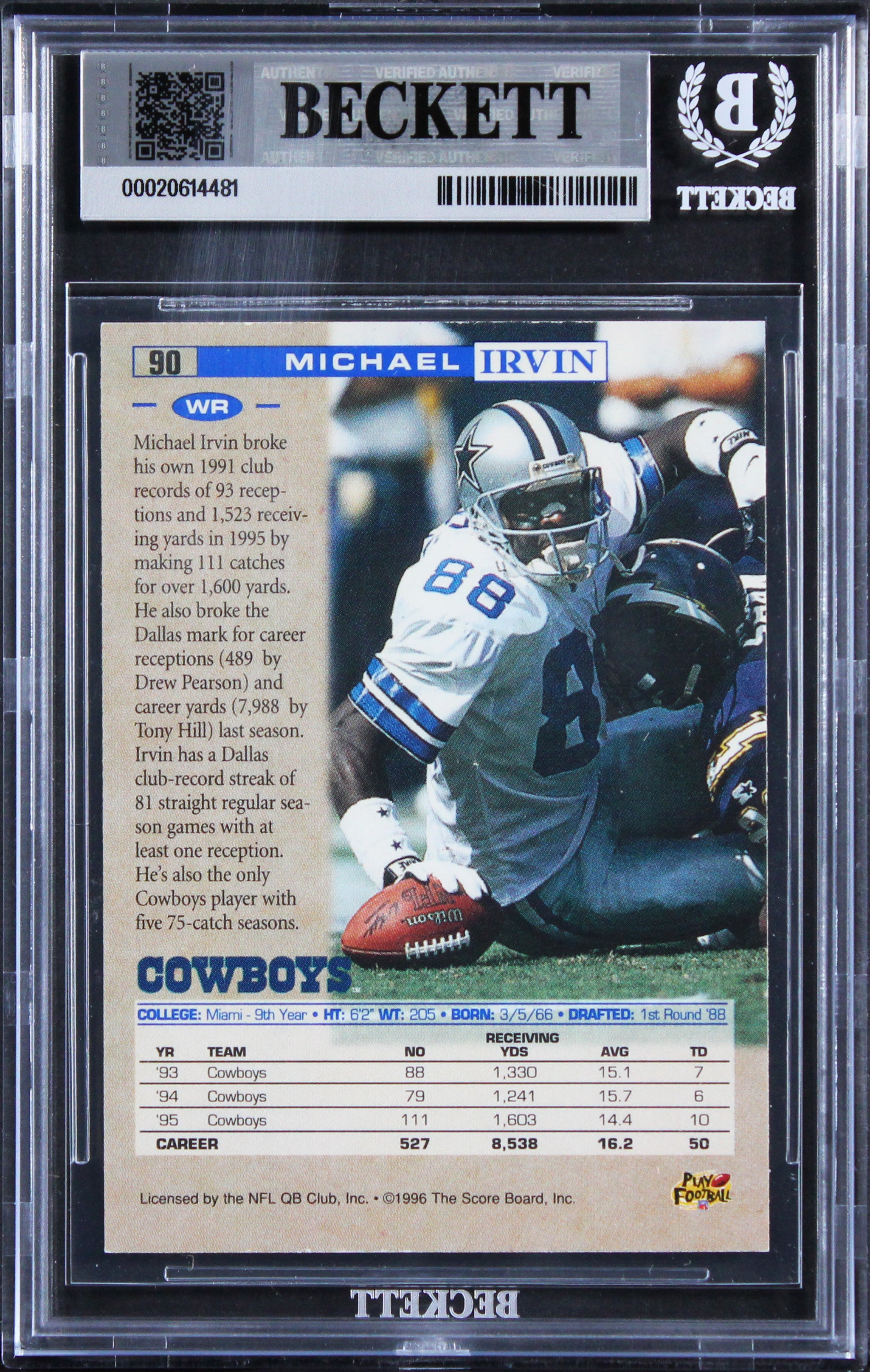 Cowboys Michael Irvin Authentic 1996 Pro Line #90 Card Autographed BAS Slabbed