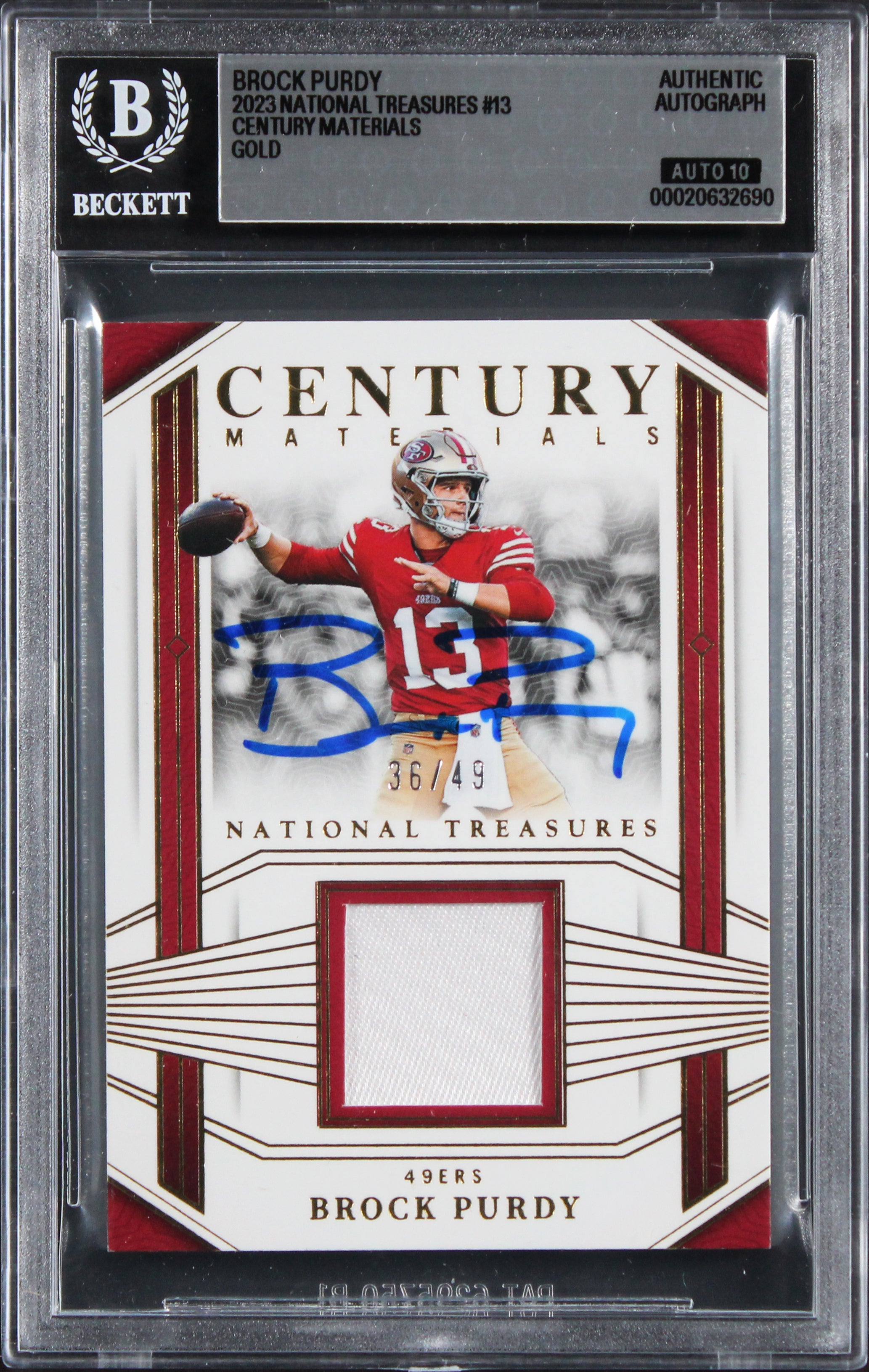 49ers Brock Purdy Signed 2023 National Treasures #13 36/49 Card Auto 10 BAS Slab