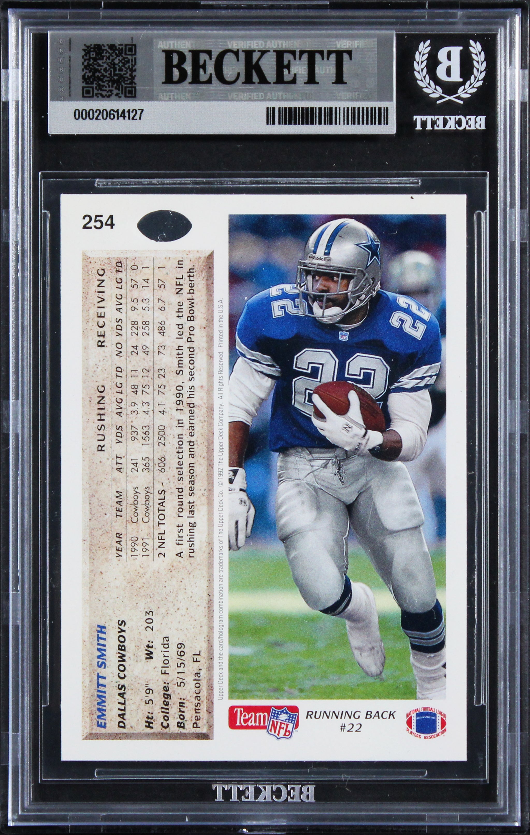 Cowboys Emmitt Smith Authentic Signed 1992 Upper Deck #254 Card BAS Slabbed