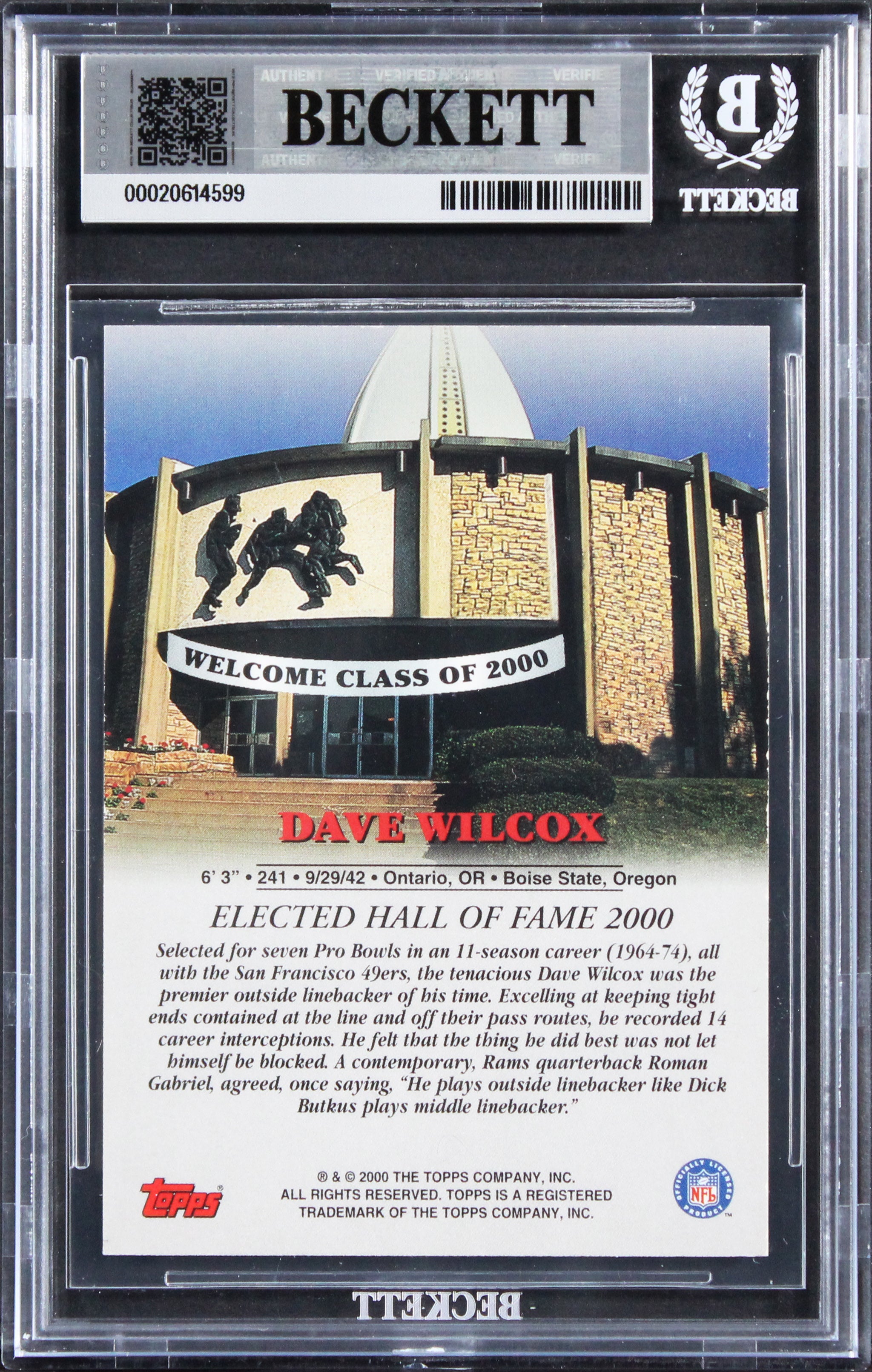 49ers Dave Wilcox Signed 2000 Topps Hall Of Fame Class Of 2000 Card BAS Slab 2