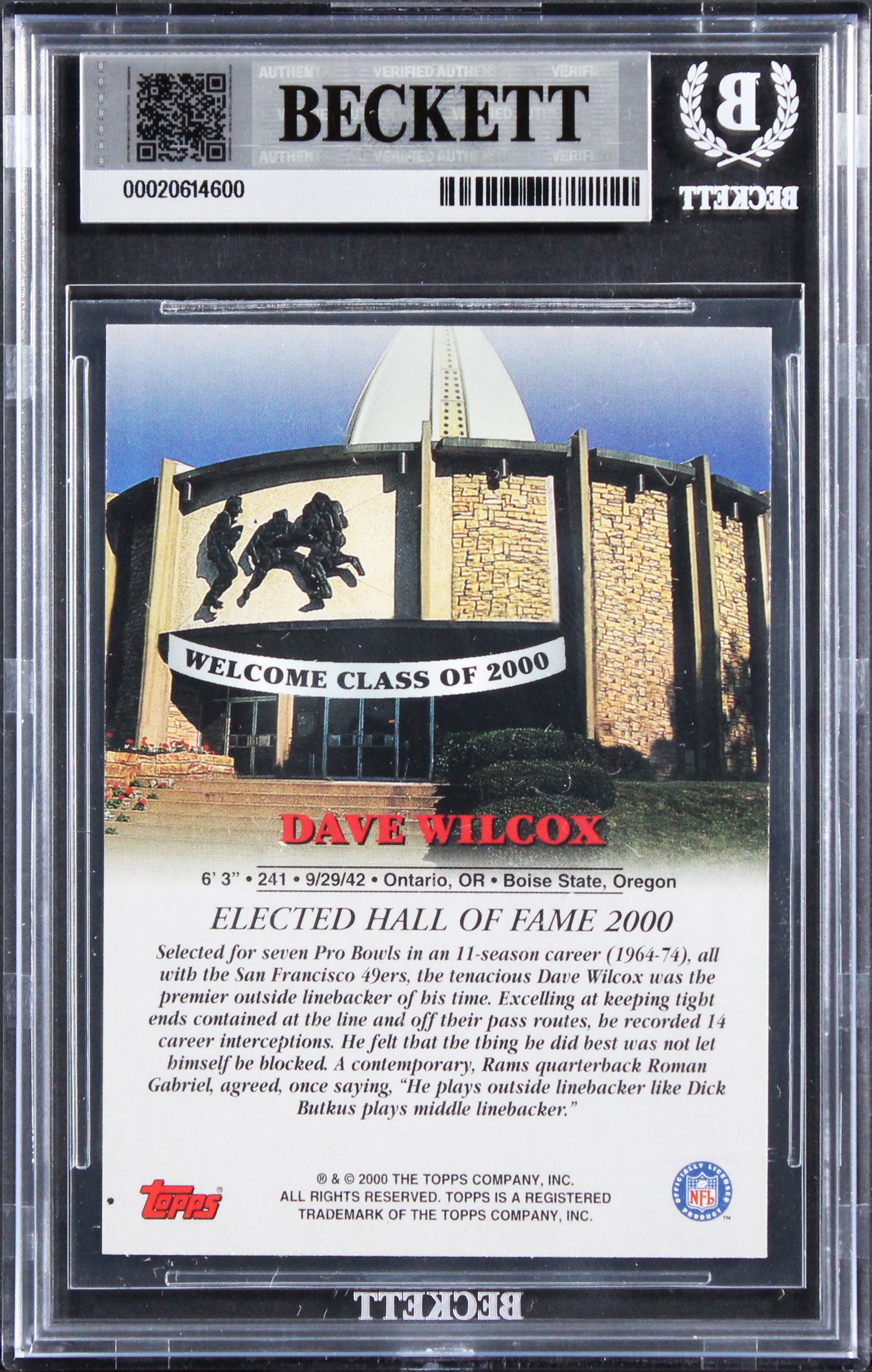 49ers Dave Wilcox Signed 2000 Topps Hall Of Fame Class Of 2000 Card BAS Slab 3
