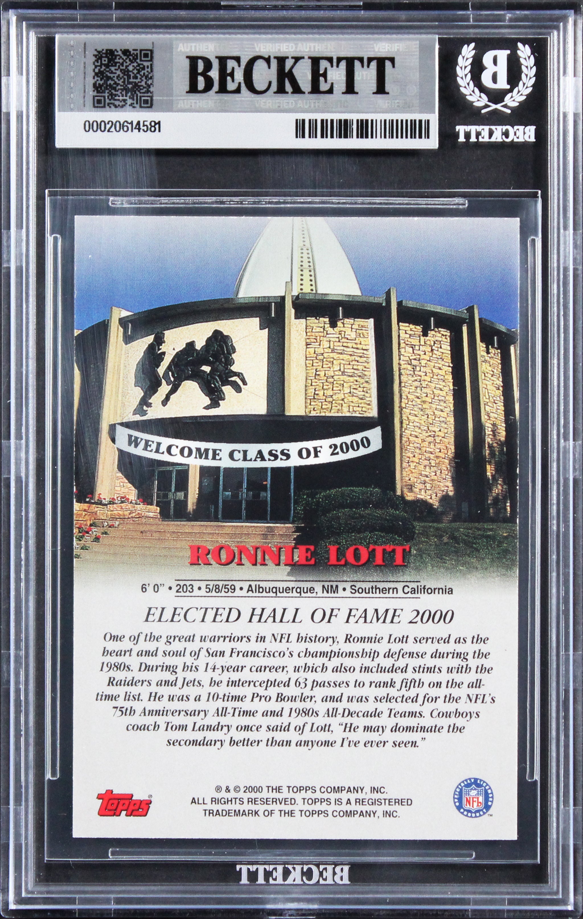 49ers Ronnie Lott Signed 2000 Topps Hall Of Fame Class Of 2000 Card BAS Slab 4
