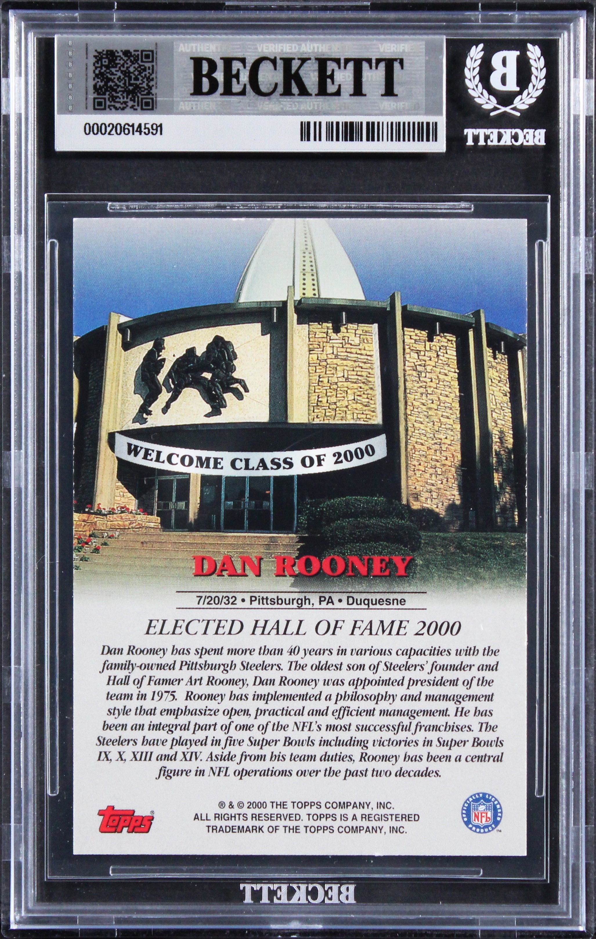 Steelers Dan Rooney Signed 2000 Topps Hall Of Fame Class Of 2000 Card BAS Slab 2