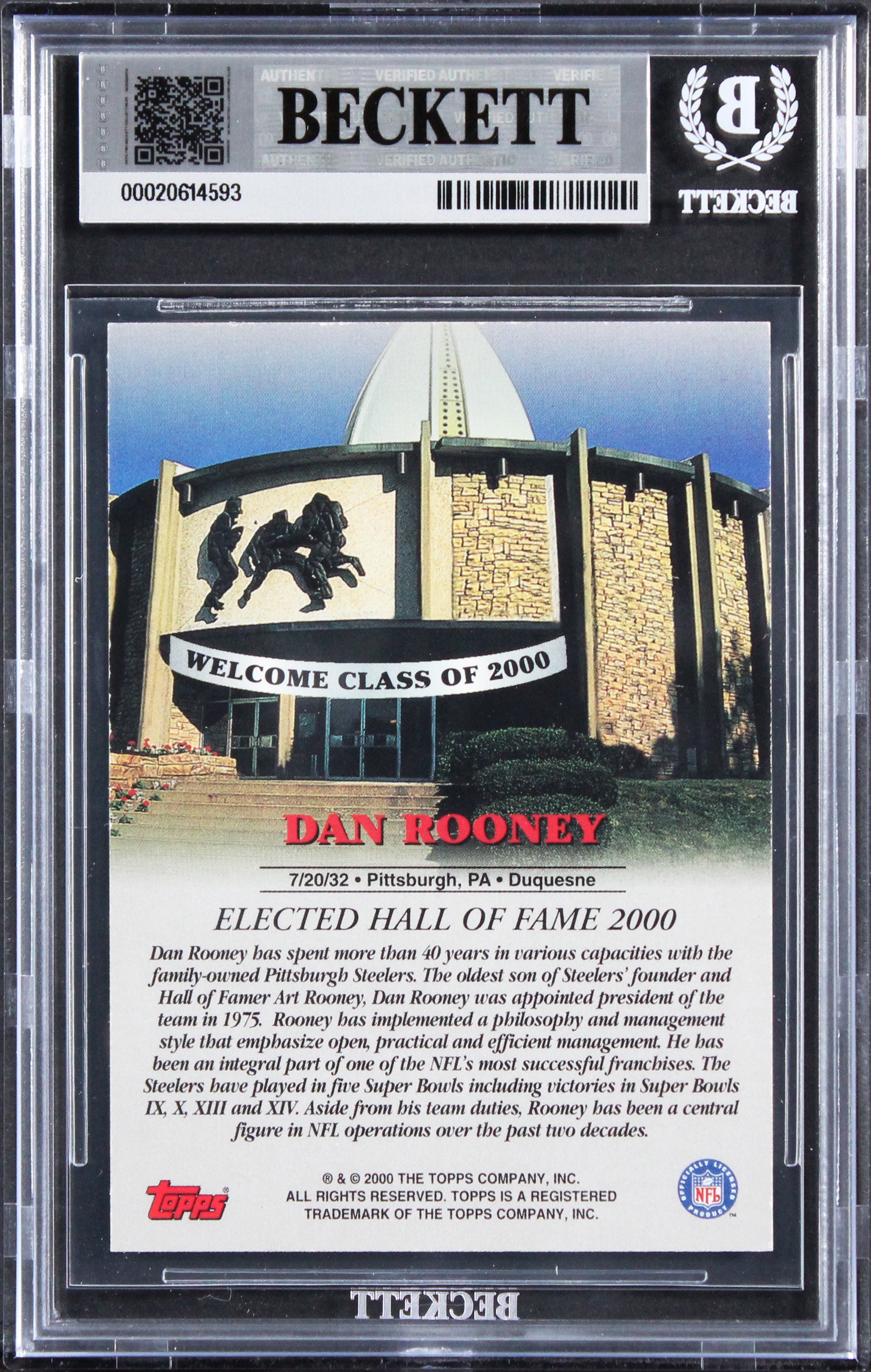 Steelers Dan Rooney Signed 2000 Topps Hall Of Fame Class Of 2000 Card BAS Slab 4