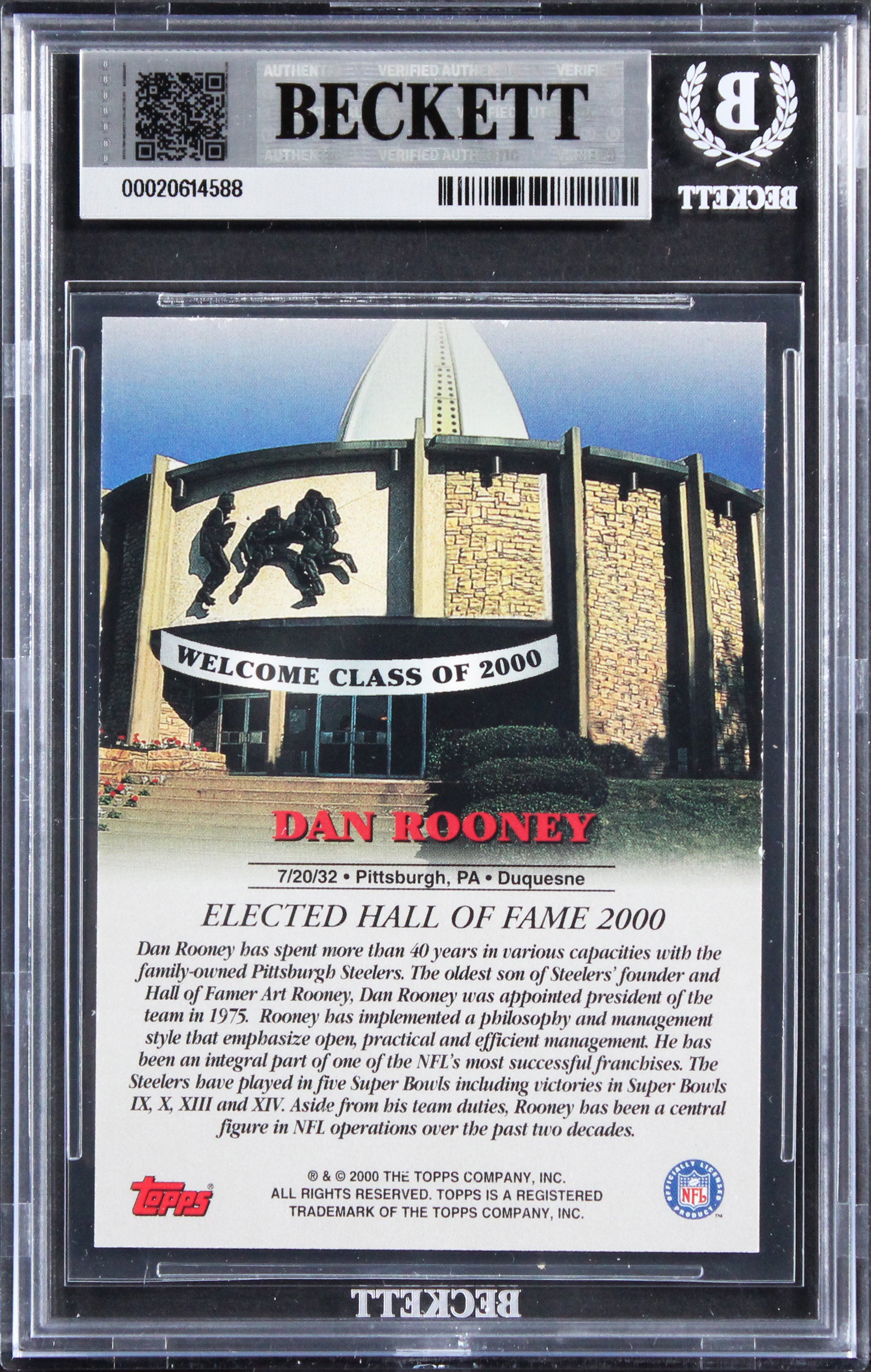 Steelers Dan Rooney Signed 2000 Topps Hall Of Fame Class Of 2000 Card BAS Slab 5