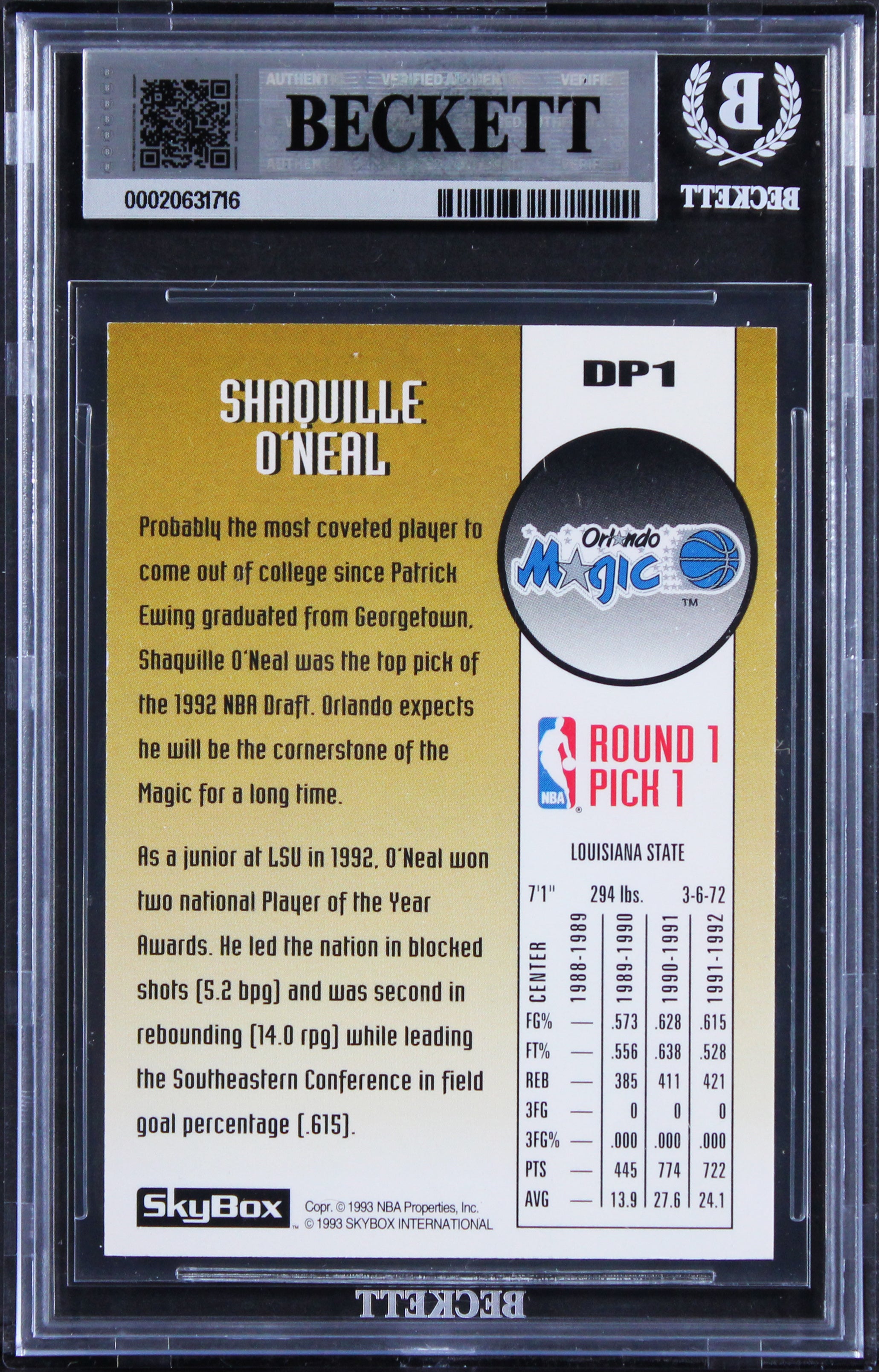 Magic Shaquille O'Neal Signed 1992 Skybox #DP1 Rookie Card Auto 10! BAS Slabbed