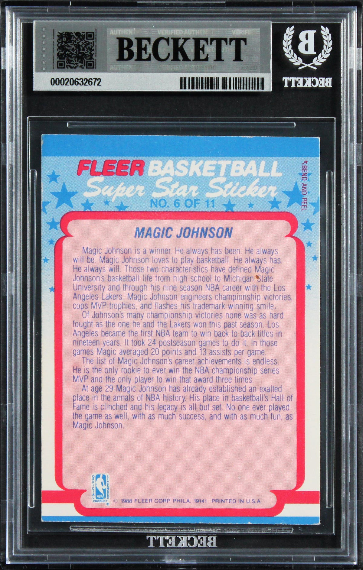 Lakers Magic Johnson Signed 1988 Fleer Stickers #6 Card Auto GM 10! BAS Slabbed