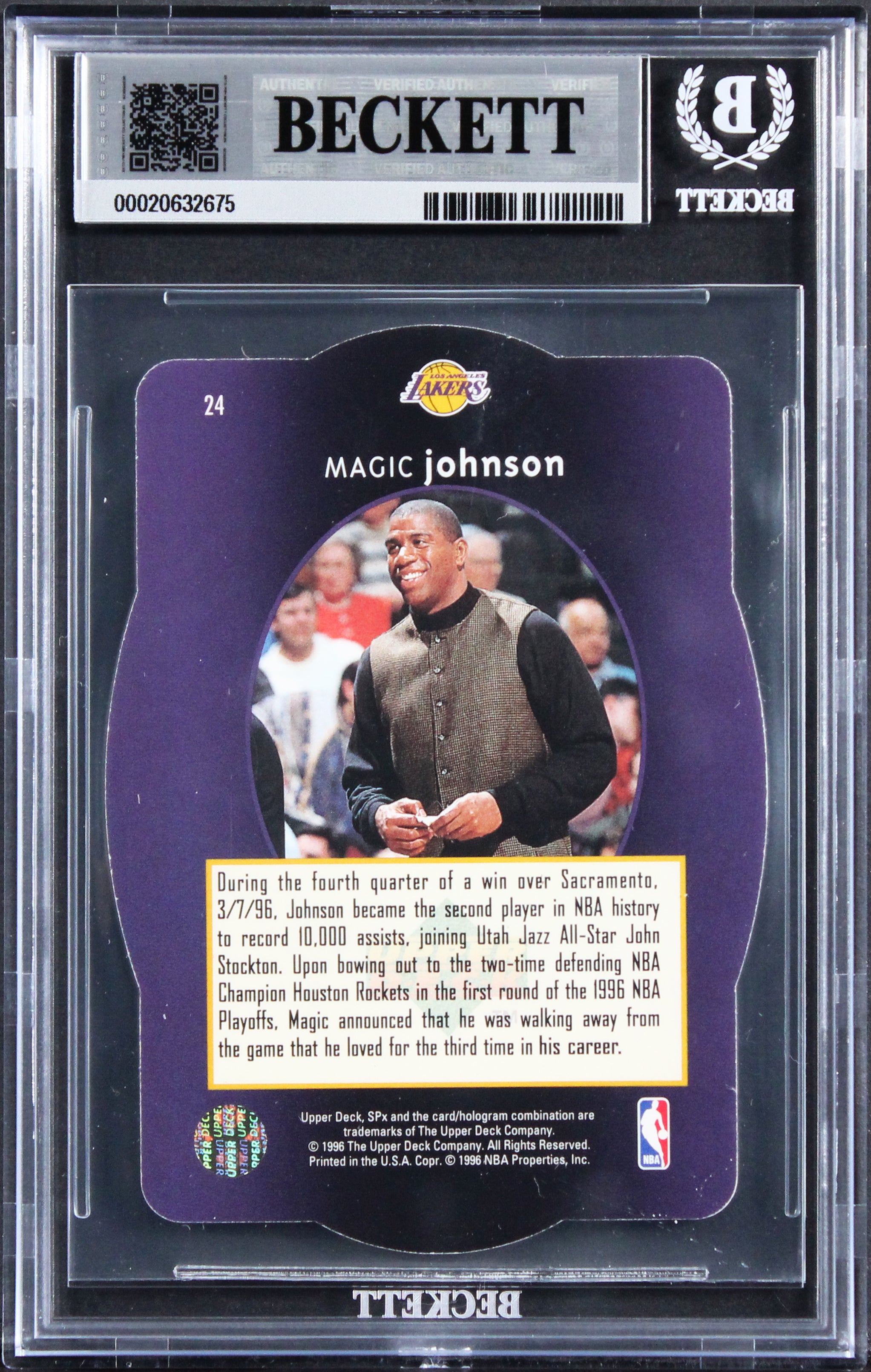 Lakers Magic Johnson Signed 1996 SPX #24 Card Auto Grade Gem Mint 10 BAS Slabbed