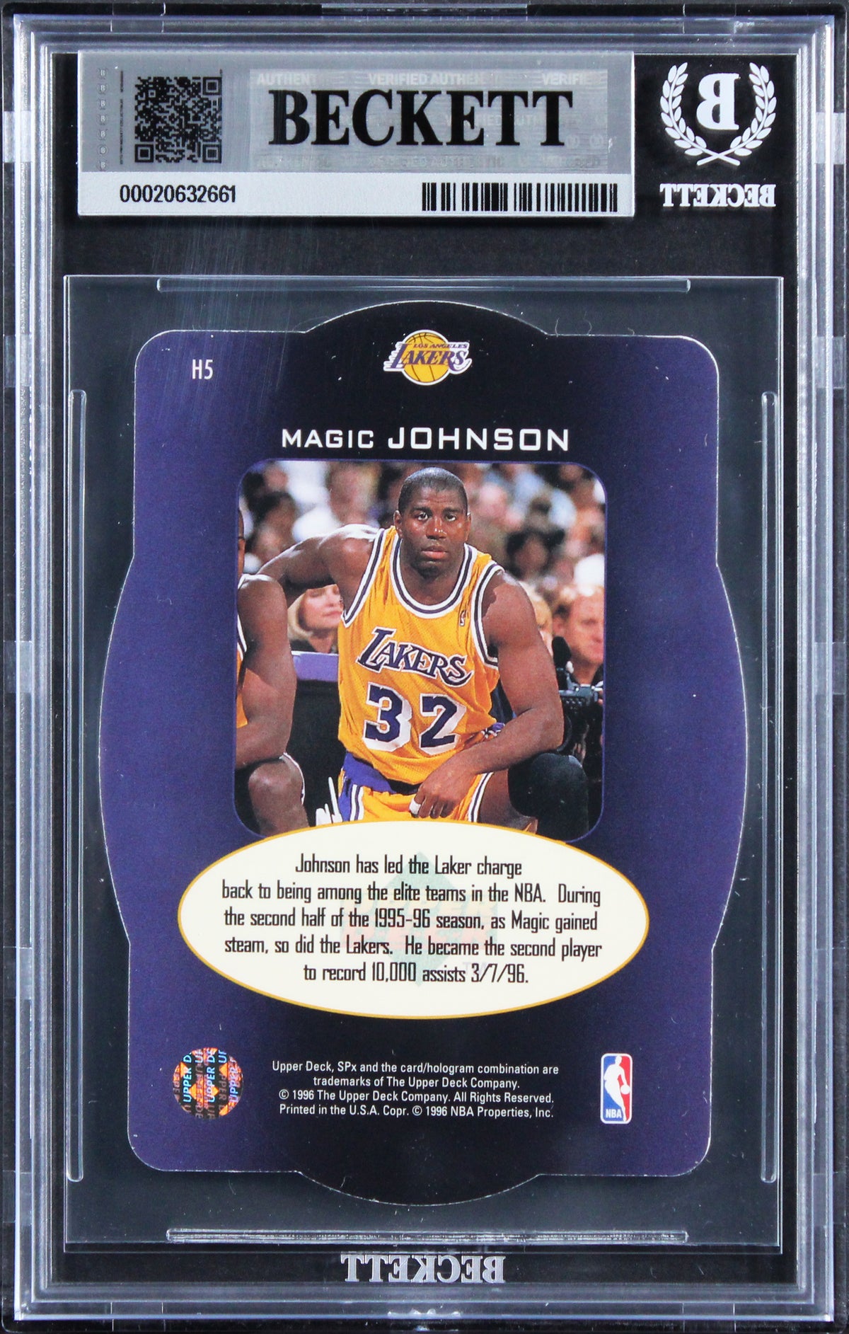 Lakers Magic Johnson Signed 1996 SPX #H5 Card Auto Grade Gem Mint 10 BAS Slabbed