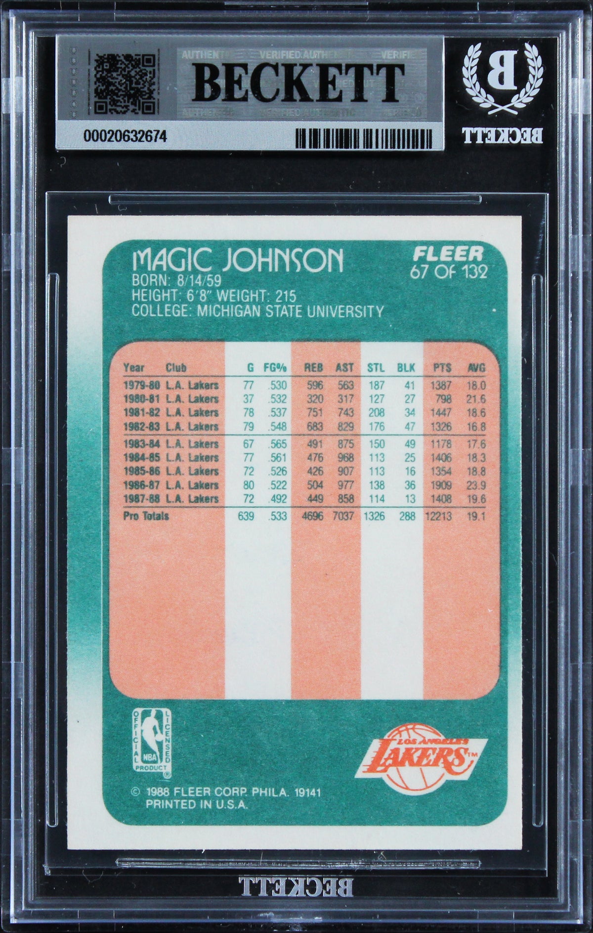 Lakers Magic Johnson Signed 1988 Fleer #67 Card Auto Grade GM 10! BAS Slabbed