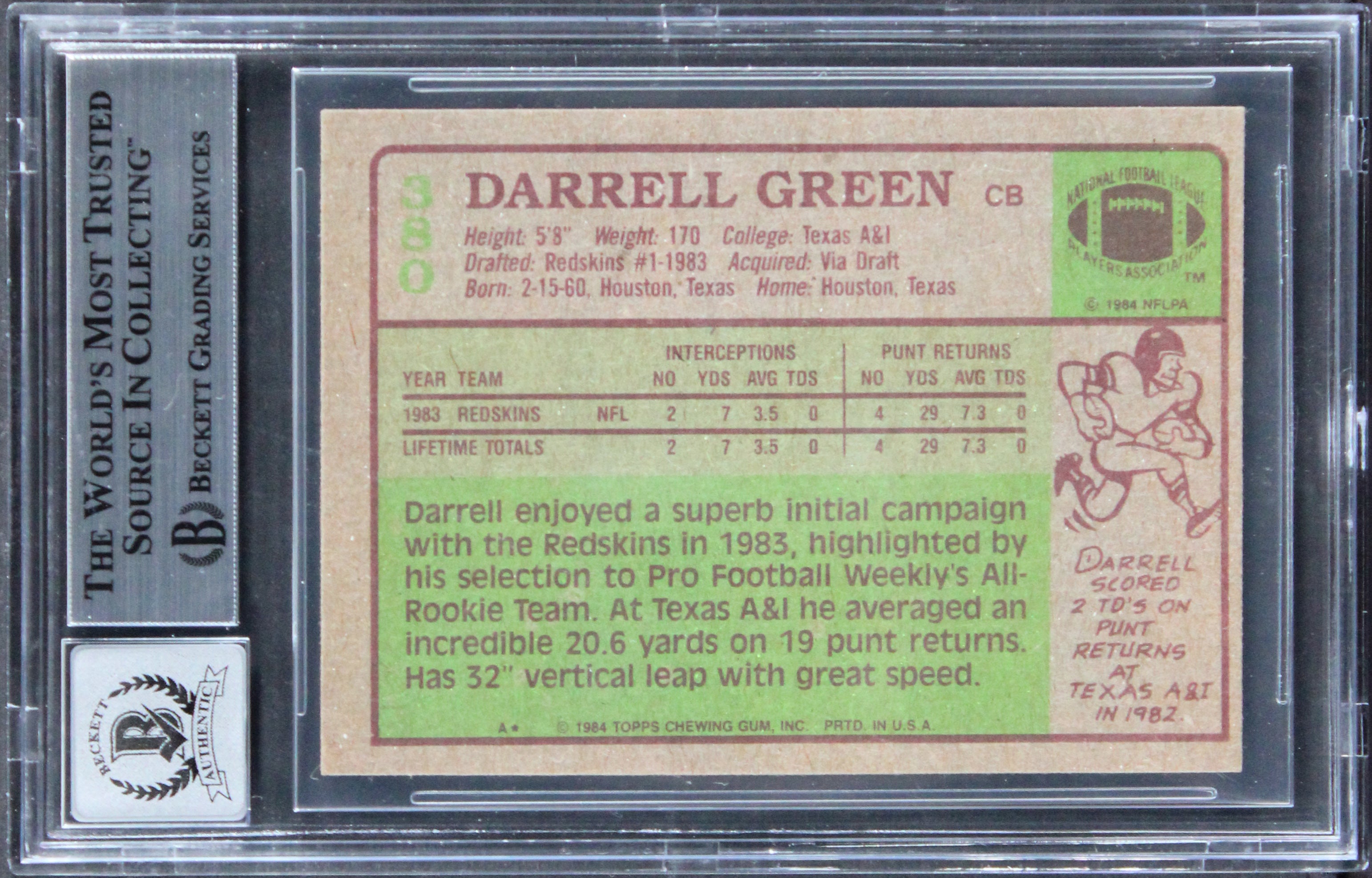 Commanders Darrell Green HOF 08 Signed 1984 Topps #380 Card Auto 10! BAS Slabbed