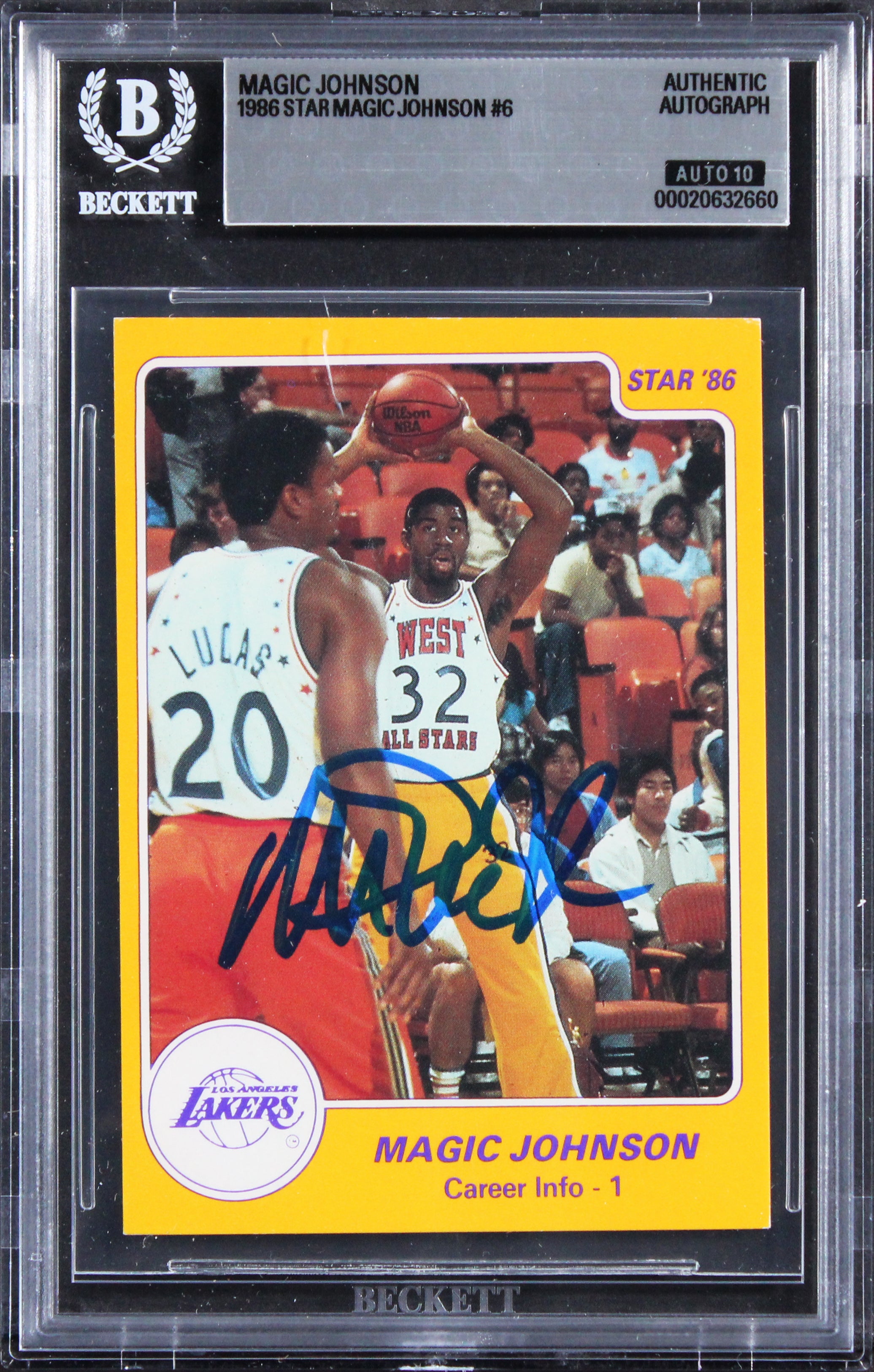 Lakers Magic Johnson Signed 1986 Star #6 Card Auto Grade Gem Mint 10 BAS Slabbed