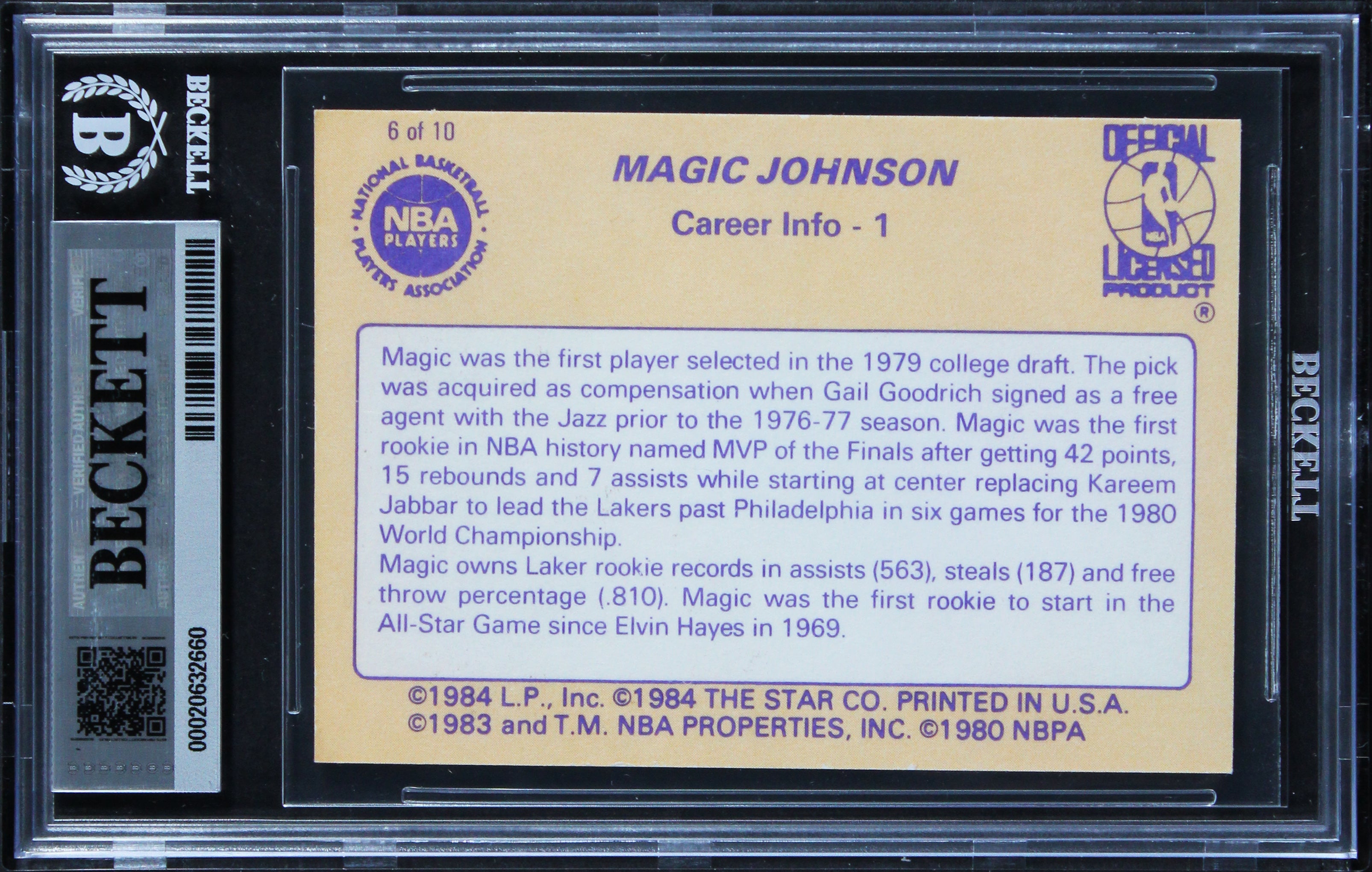 Lakers Magic Johnson Signed 1986 Star #6 Card Auto Grade Gem Mint 10 BAS Slabbed