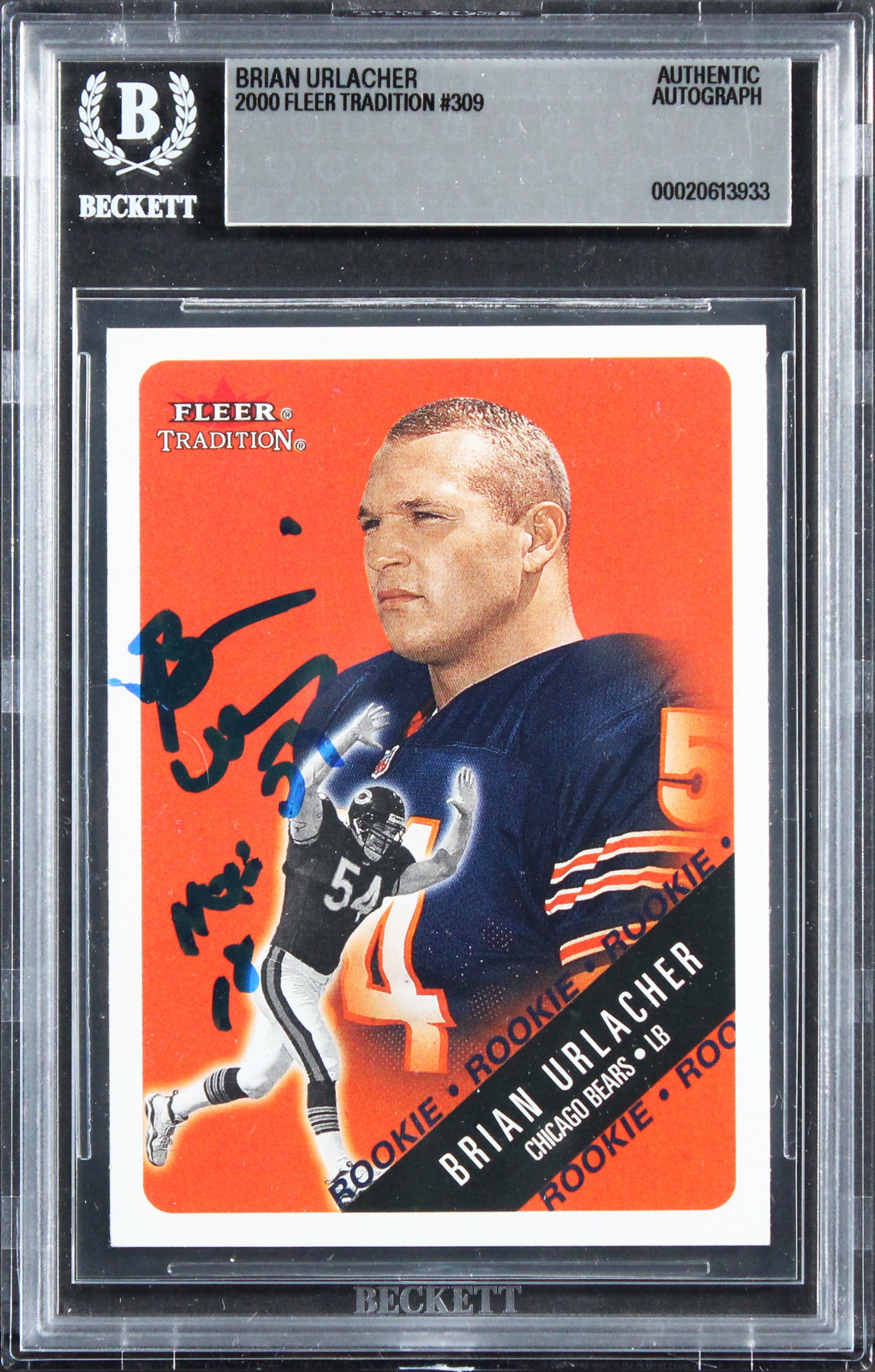 Bears Brian Urlacher "HOF 18" Signed 2000 Fleer Tradition #309 RC Card BAS Slab