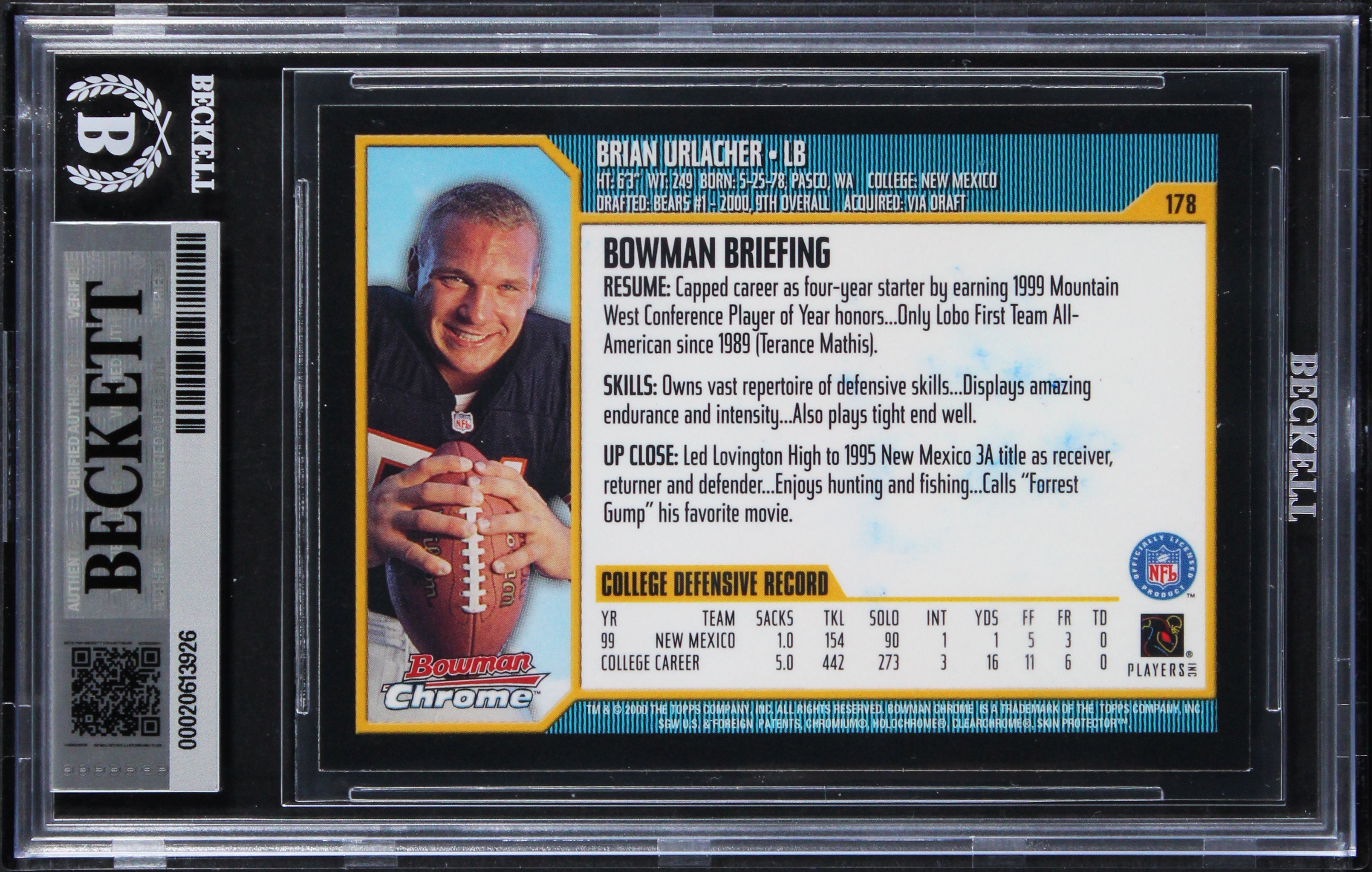 Bears Brian Urlacher "HOF 18" Signed 2000 Bowman Chrome #178 RC Card BAS Slab 2