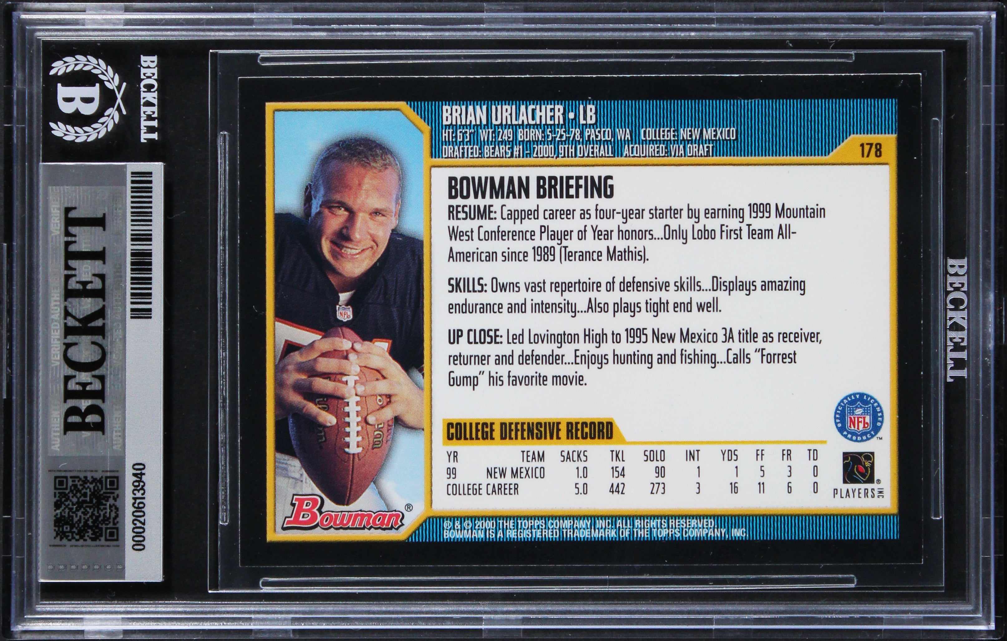 Bears Brian Urlacher "HOF 18" Signed 2000 Bowman #178 Rookie Card BAS Slabbed 5