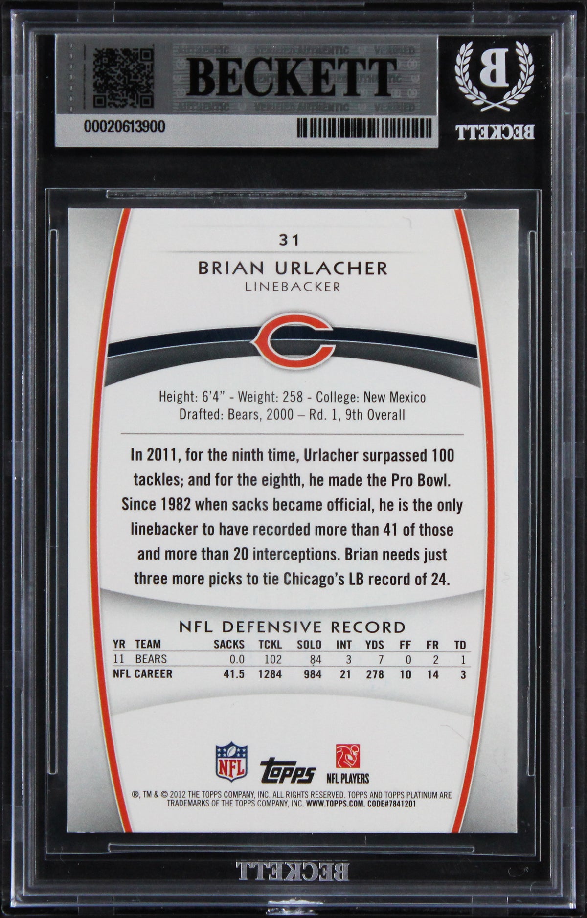 Bears Brian Urlacher Authentic Signed 2012 Topps Platinum #31 Card BAS Slabbed