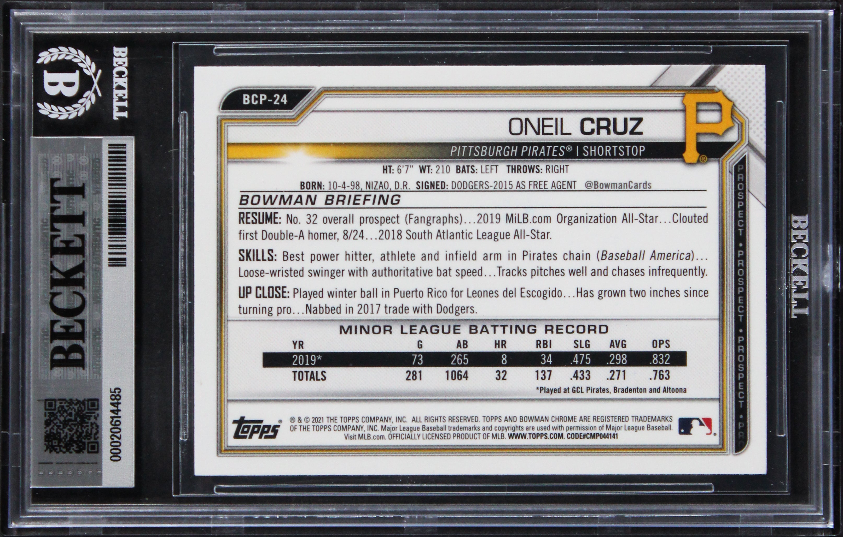 Pirates Oneil Cruz Signed 2021 Bowman Chrome Prospects #BCP24 Card BAS Slabbed