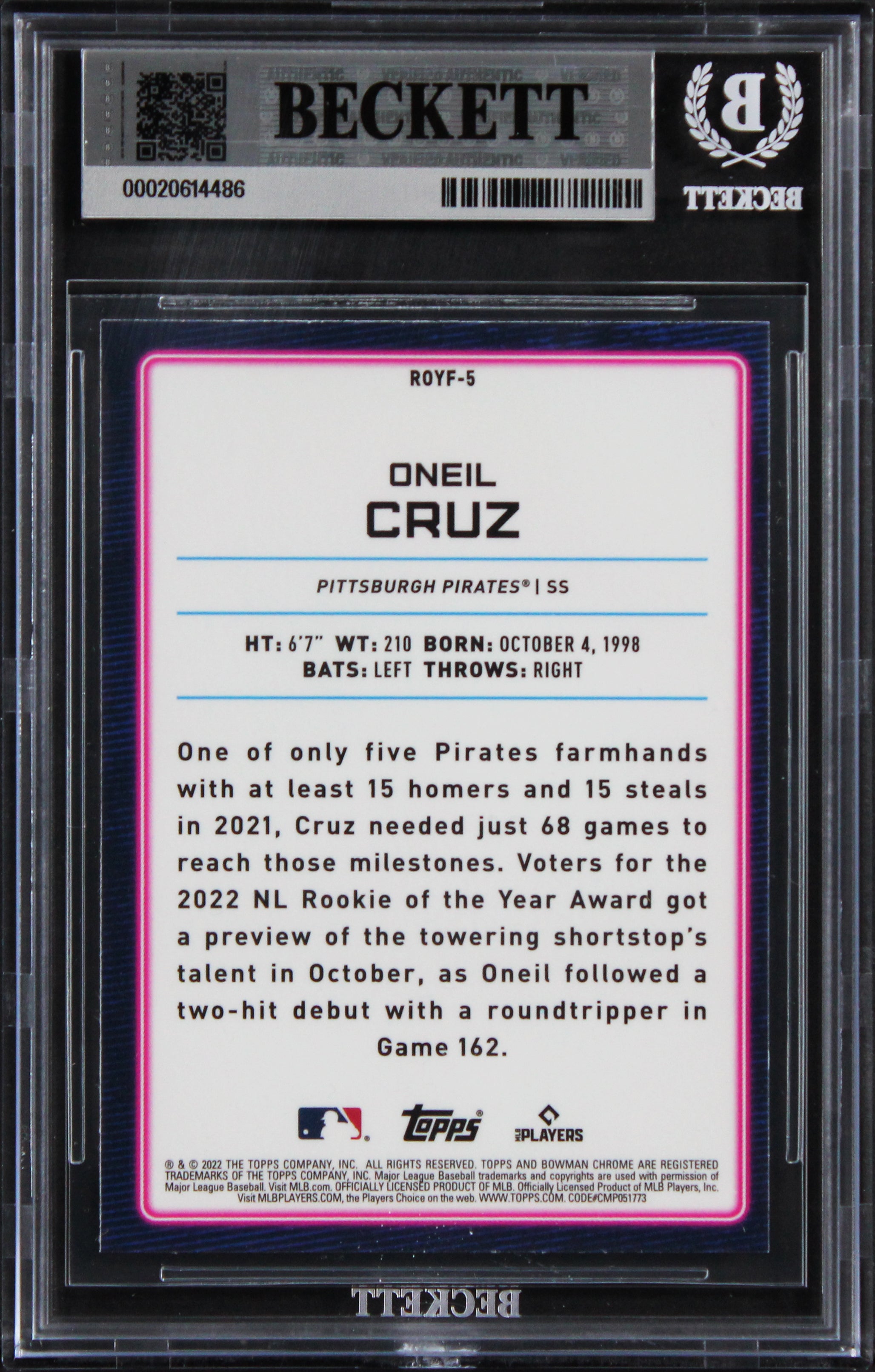 Pirates Oneil Cruz Signed 2022 Bowman Chrome ROTY #ROYF5 Rookie Card BAS Slabbed
