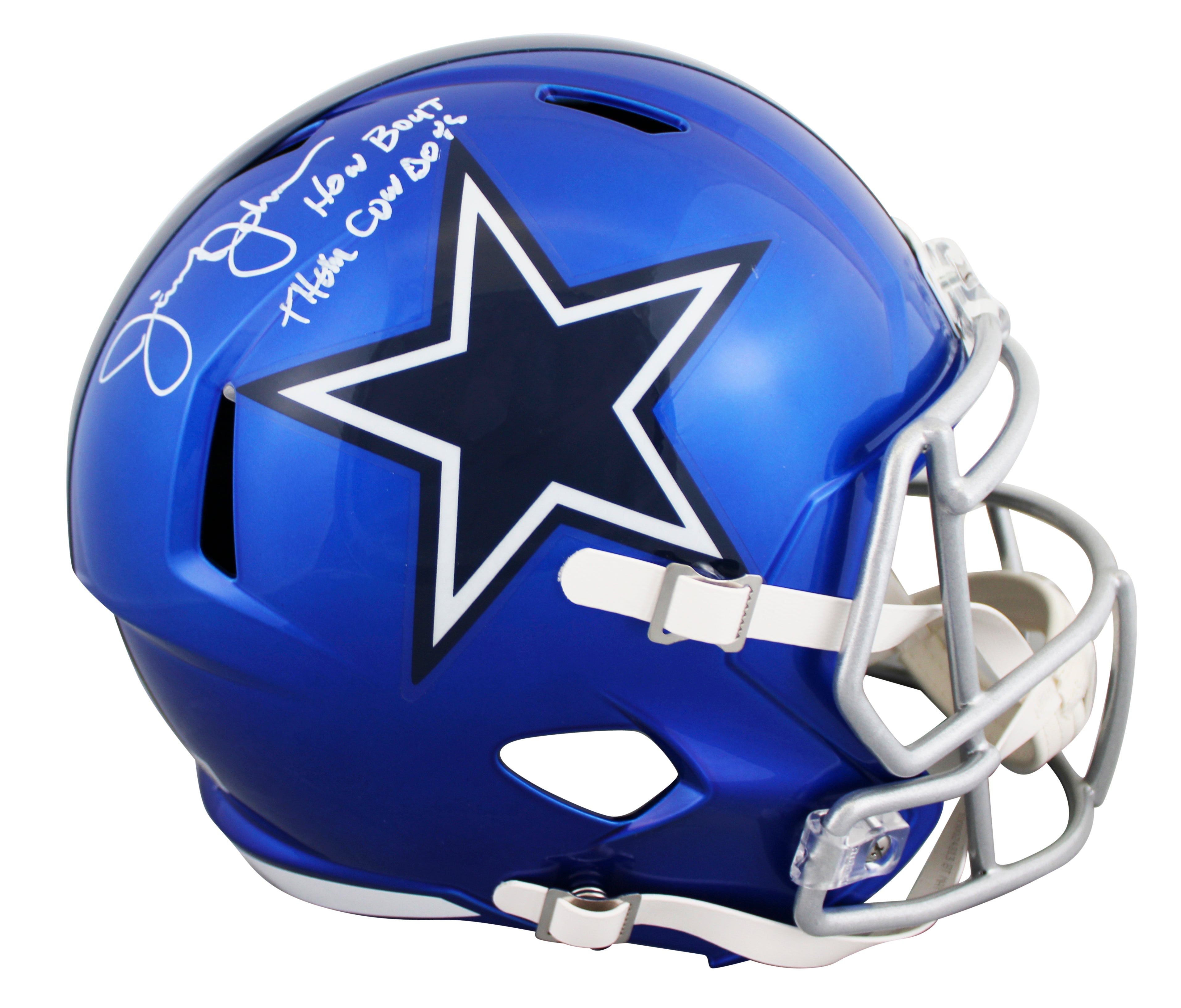 Cowboys Jimmy Johnson "HBTC" Signed Flash F/S Speed Rep Helmet W/ Case BAS Wit