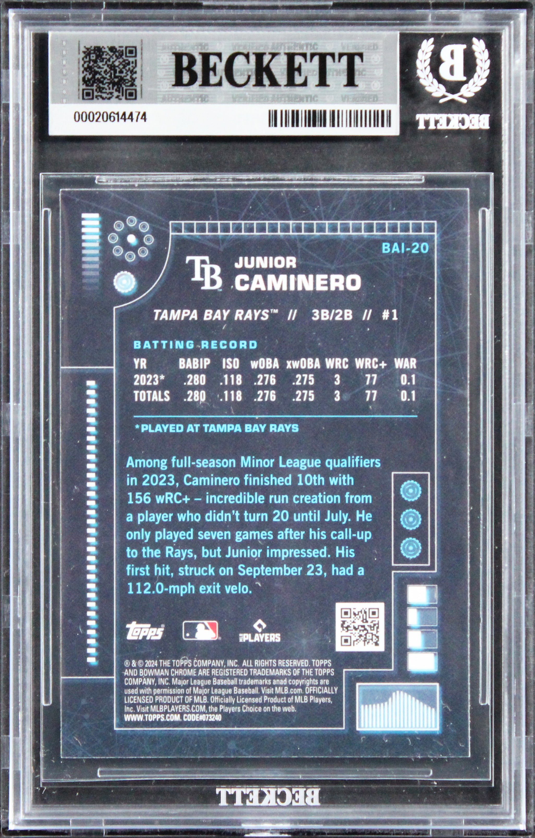 Rays Junior Caminero Signed 2024 Bowman Chrome AI #BAI20 Rookie Card BAS Slabbed