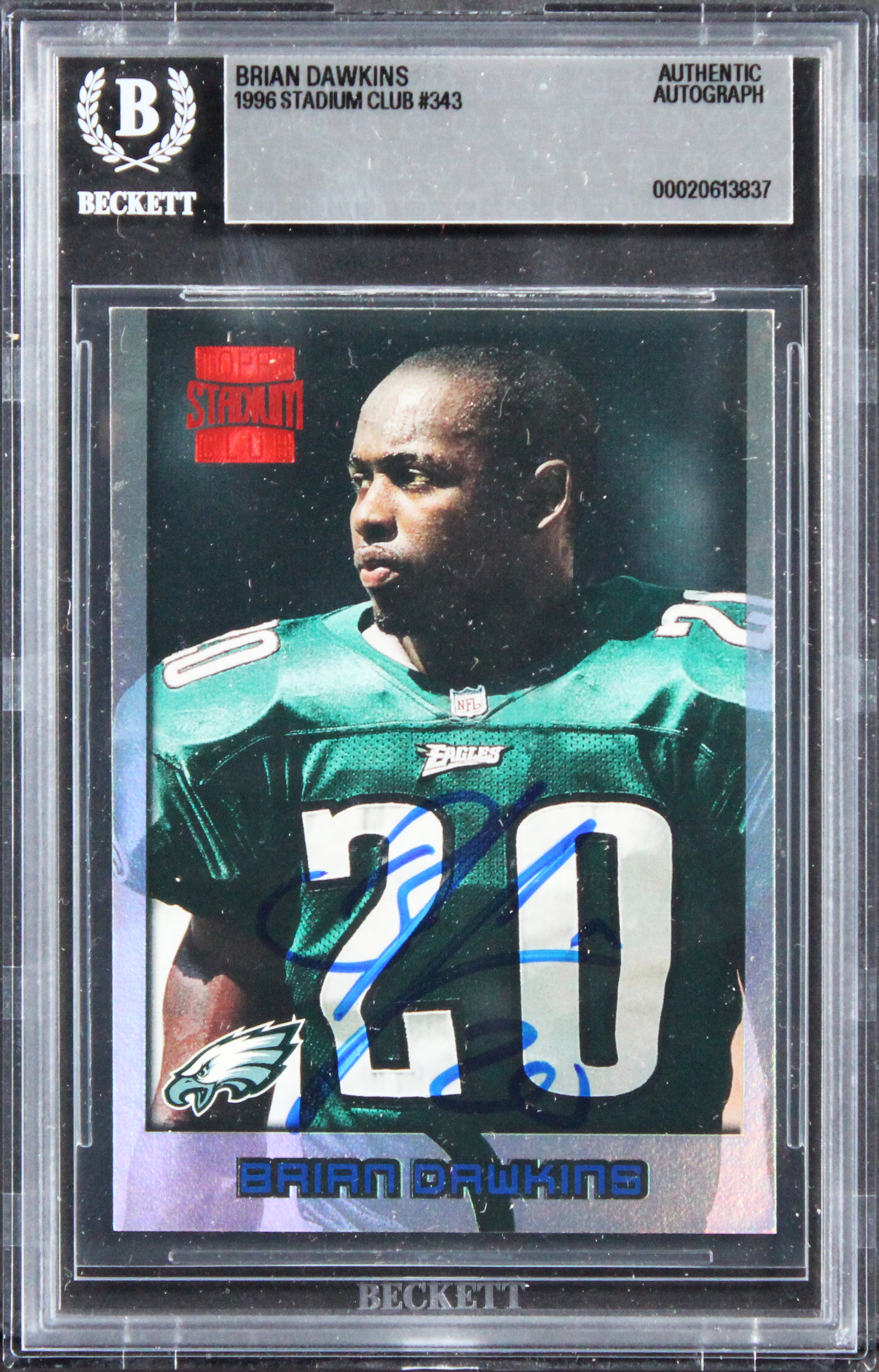 Eagles Brian Dawkins Signed 1996 Stadium Club #343 Rookie Card BAS Slabbed