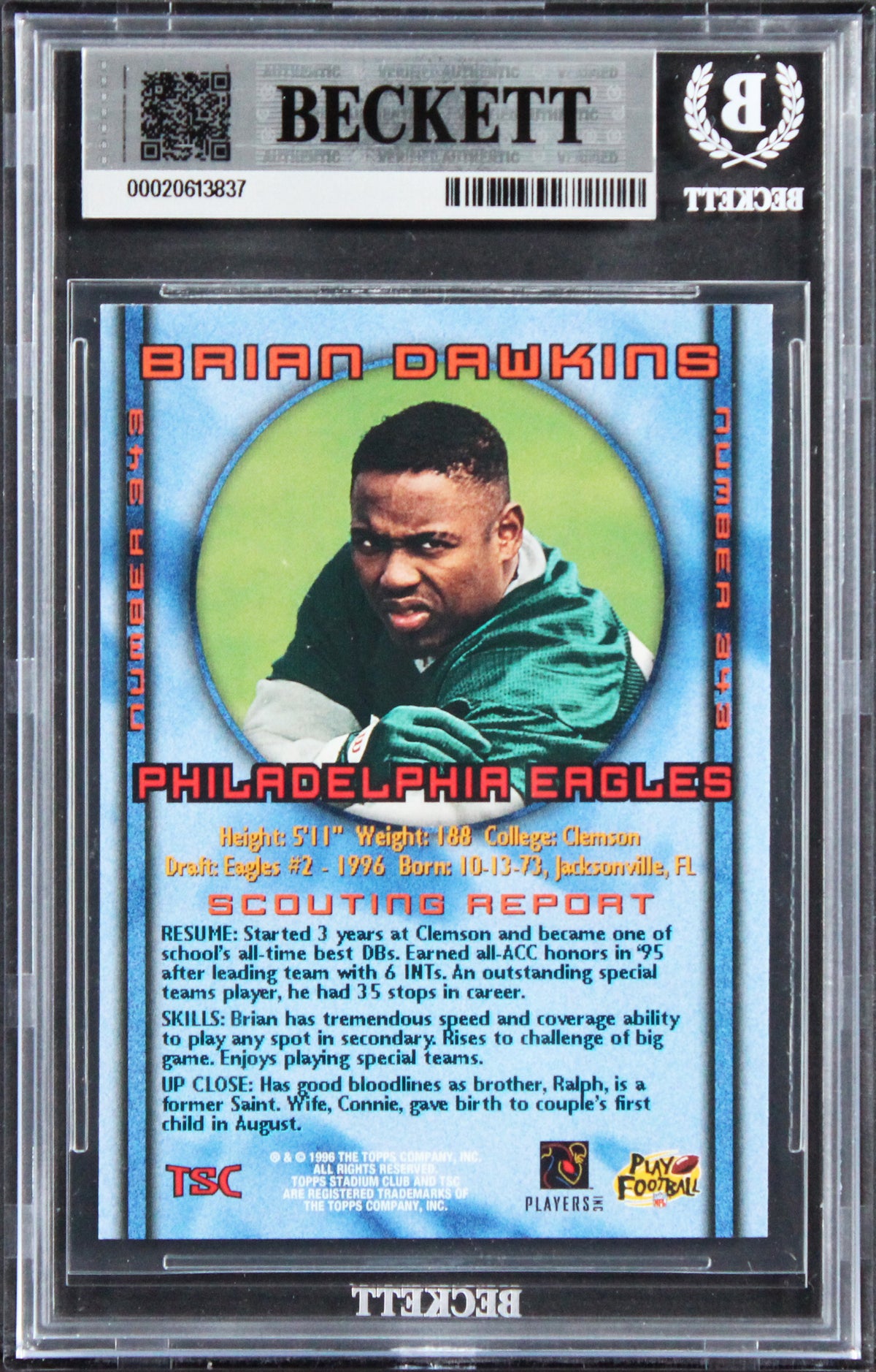 Eagles Brian Dawkins Signed 1996 Stadium Club #343 Rookie Card BAS Slabbed