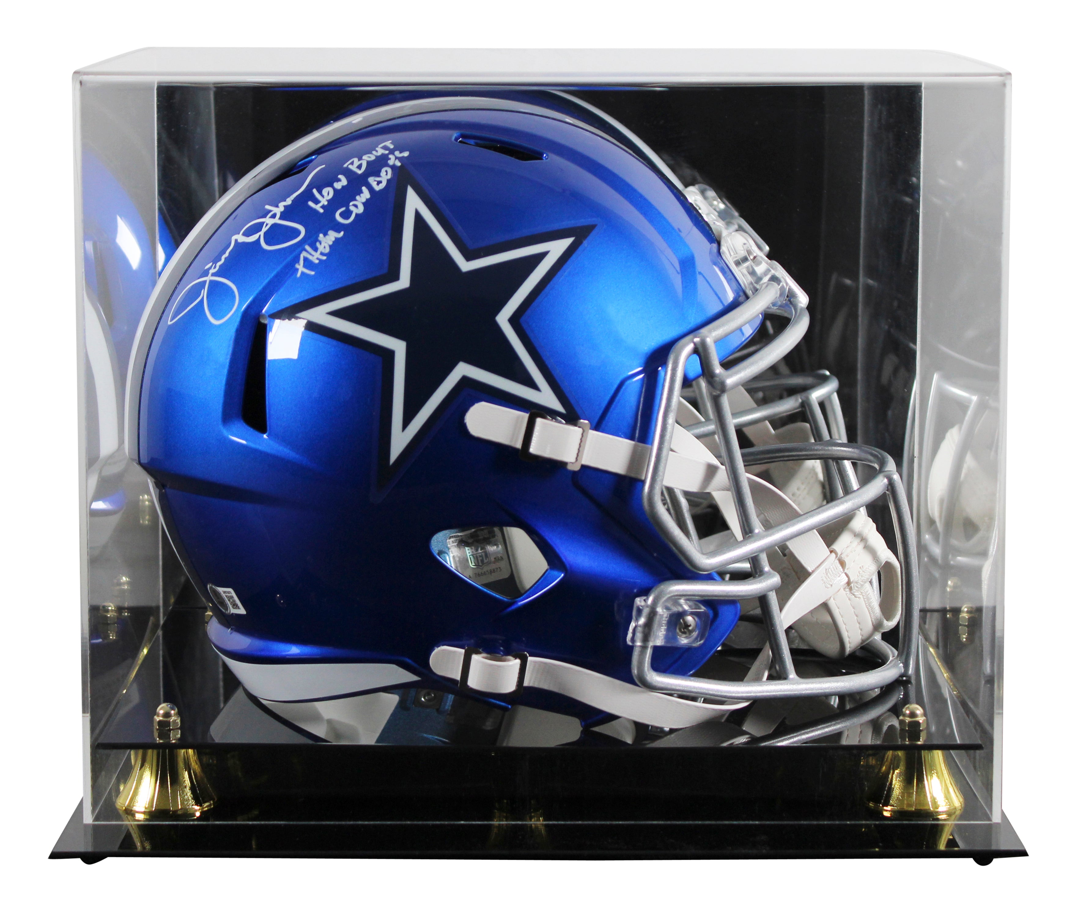 Cowboys Jimmy Johnson "HBTC" Signed Flash F/S Speed Rep Helmet W/ Case BAS Wit