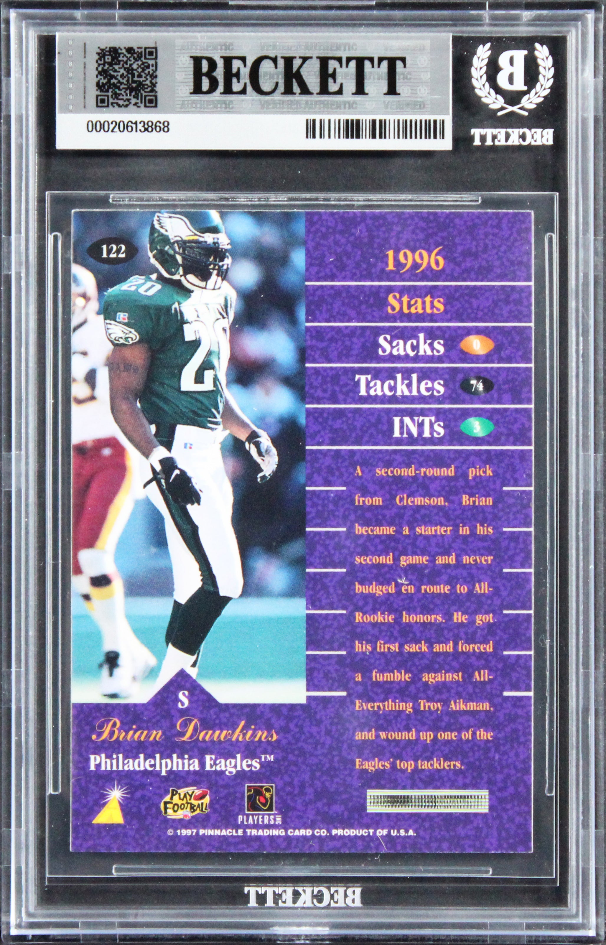 Eagles Brian Dawkins Authentic 1997 Zenith #122 Card Autographed BAS Slabbed