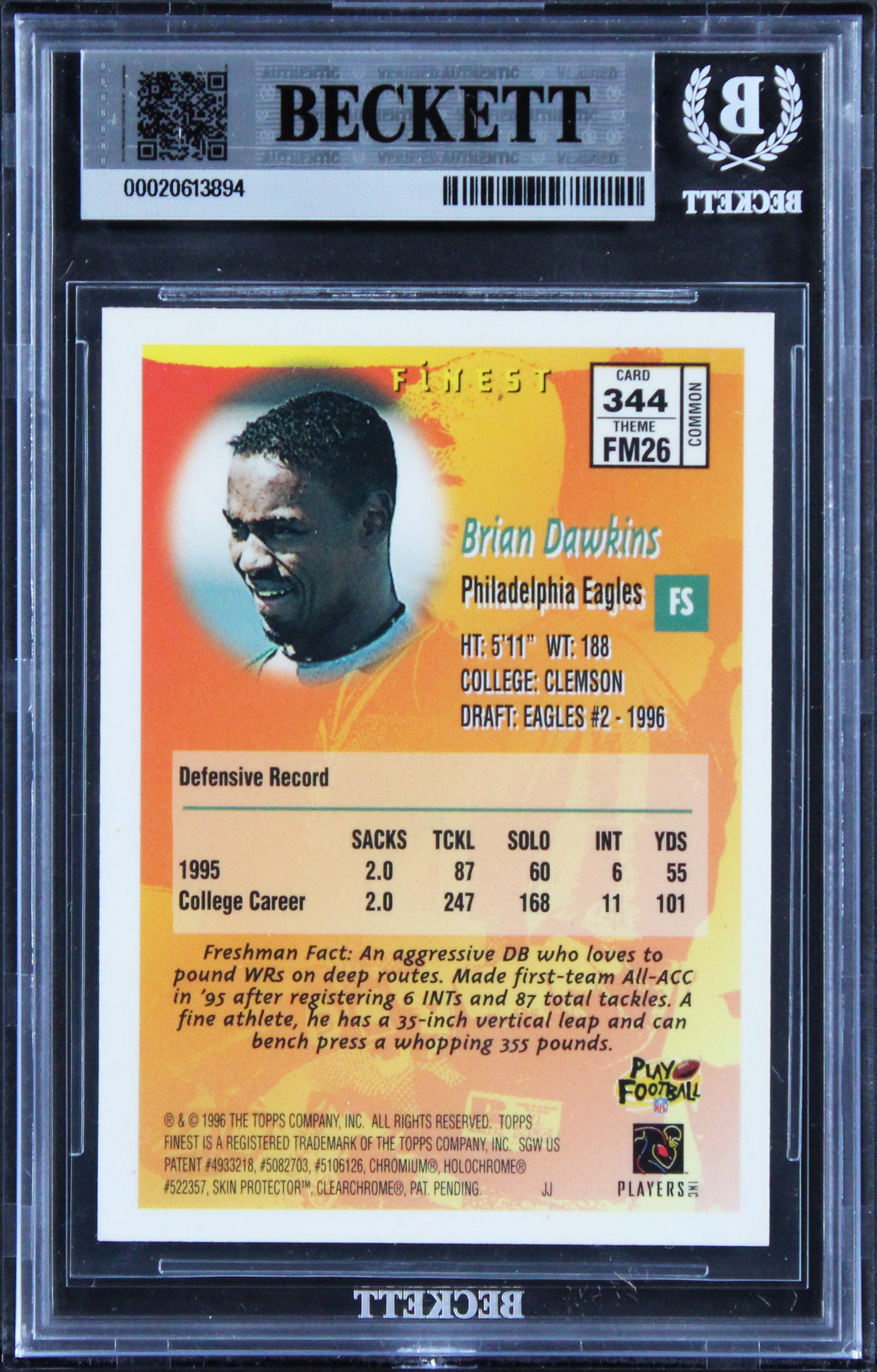 Eagles Brian Dawkins Authentic Signed 1996 Finest #344 Rookie Card BAS Slabbed