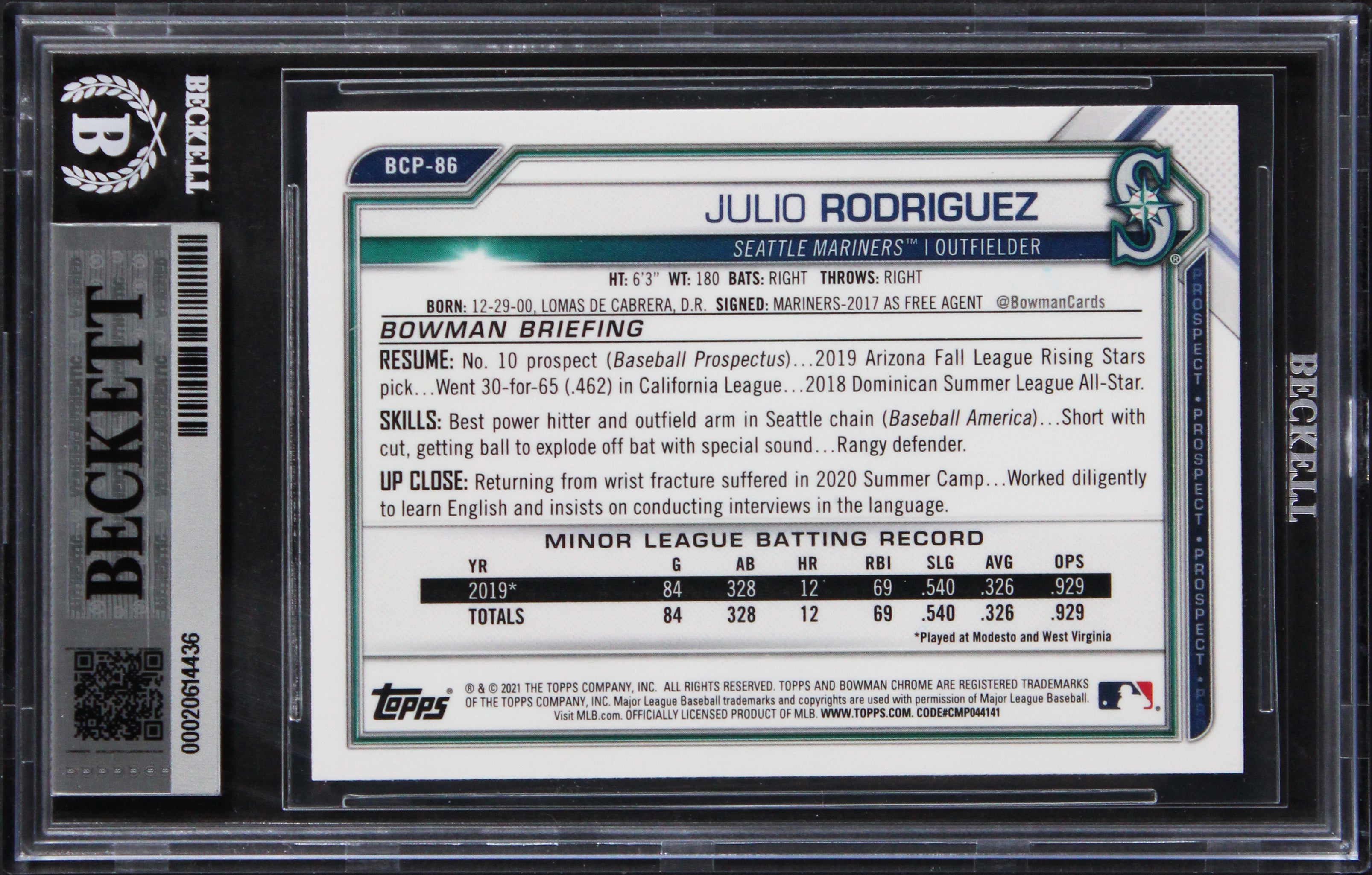 Mariners Julio Rodriguez Signed 2021 Bowman Chrome Prospects #7 Card BAS Slabbed